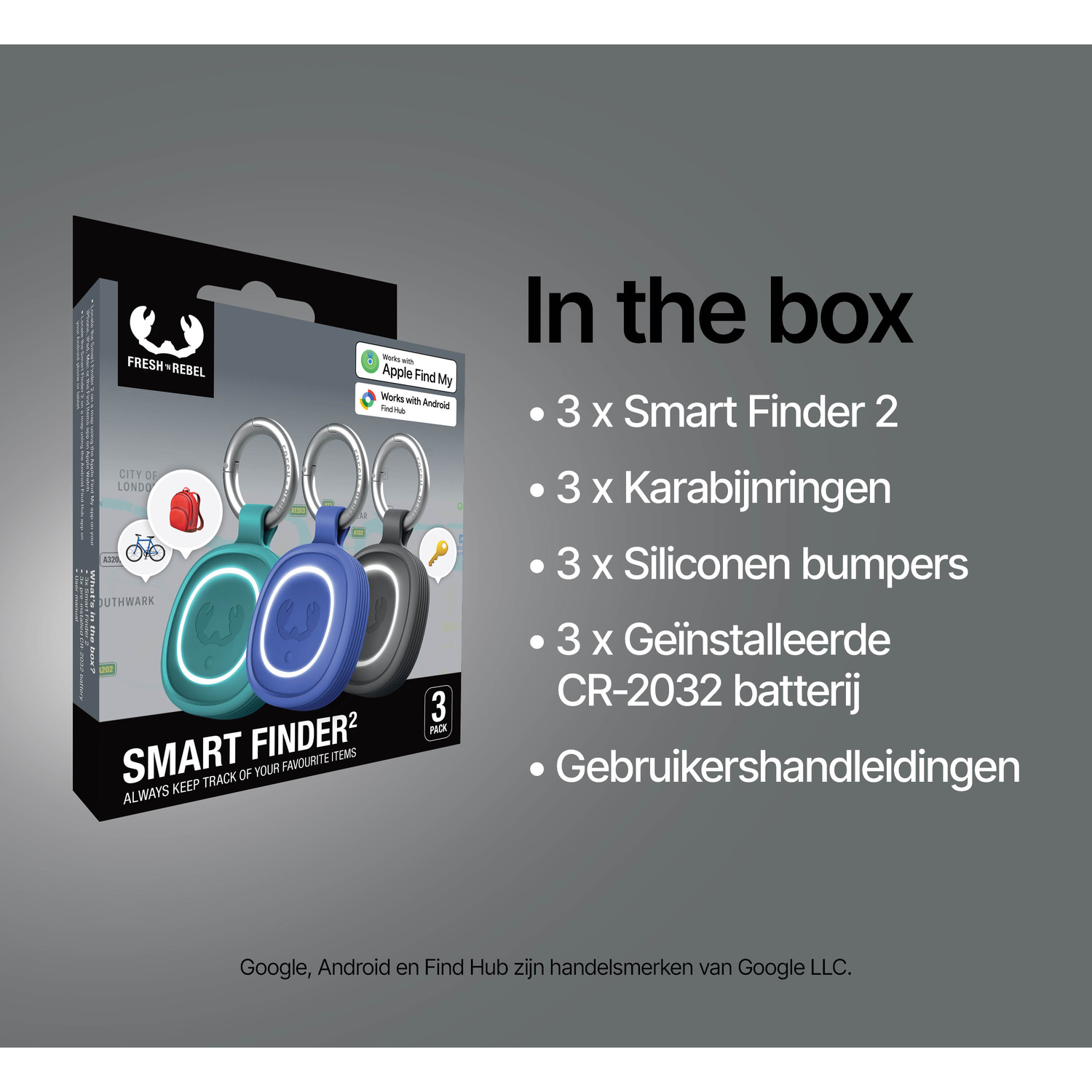 Box contents: 3 Smart Finders, 3 carabiners, 3 bumpers, 3 batteries, manuals.