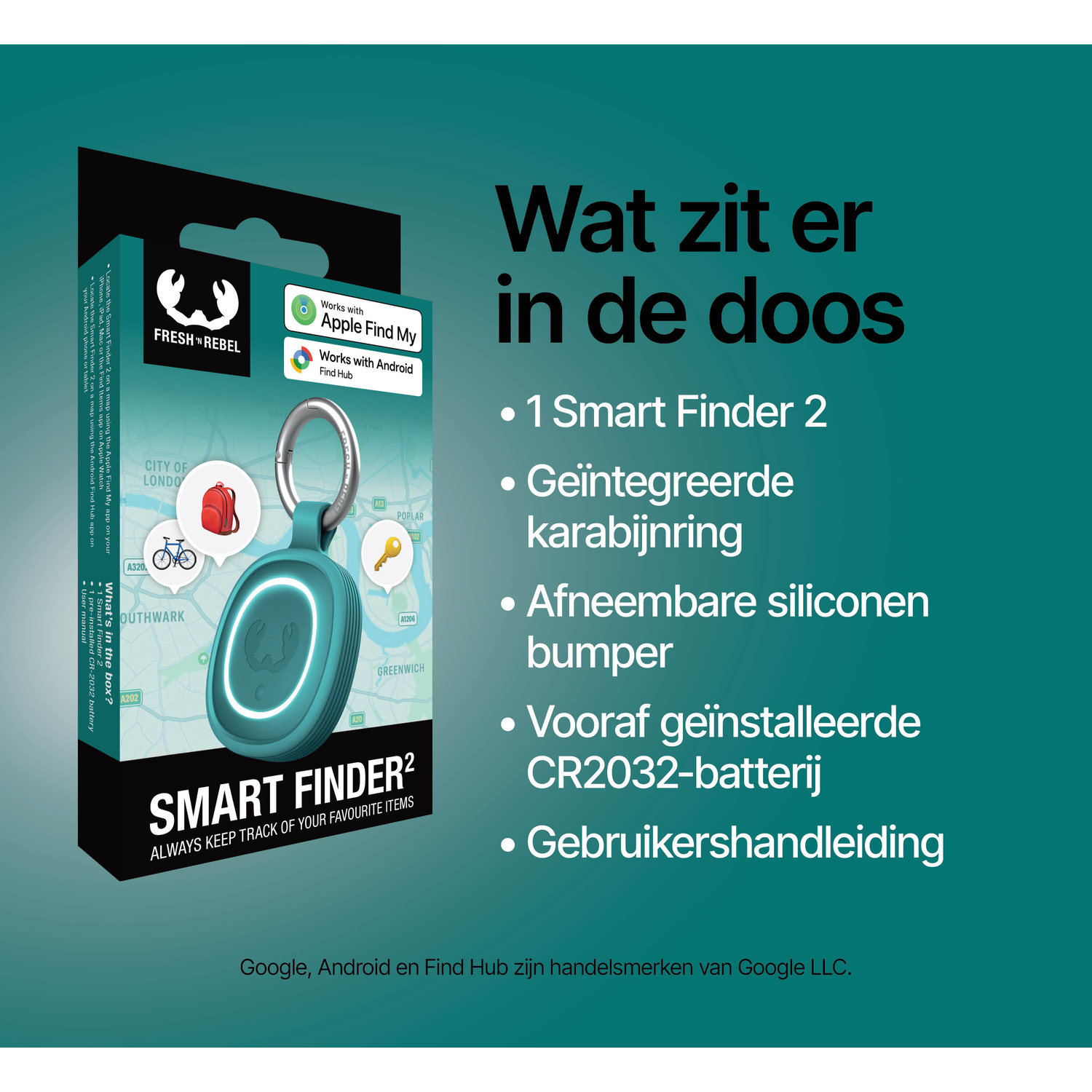 Box contents: A teal Smart Finder 2 with carabiner, silicone bumper, battery, and manual.