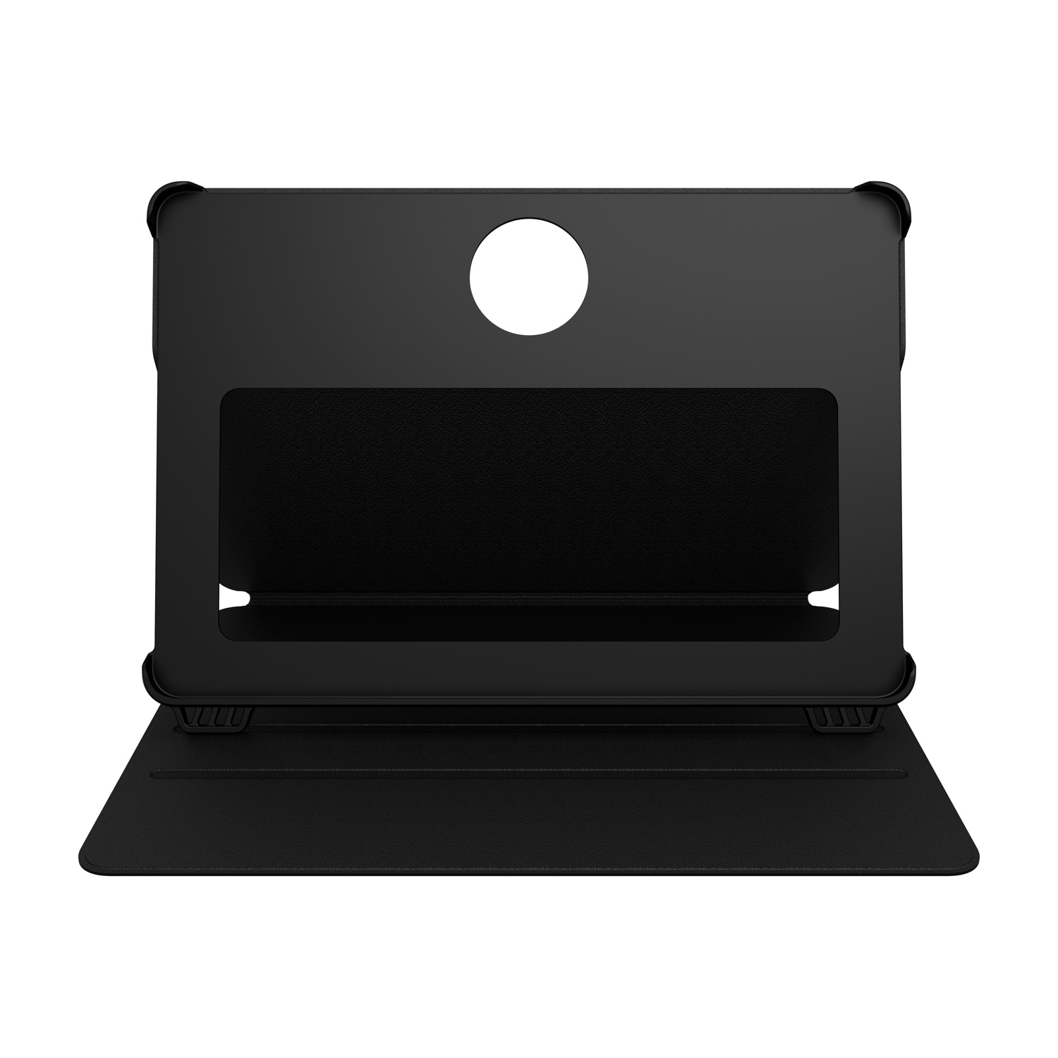 Custodia nera per tablet con supporto aperto e ritaglio circolare in alto.