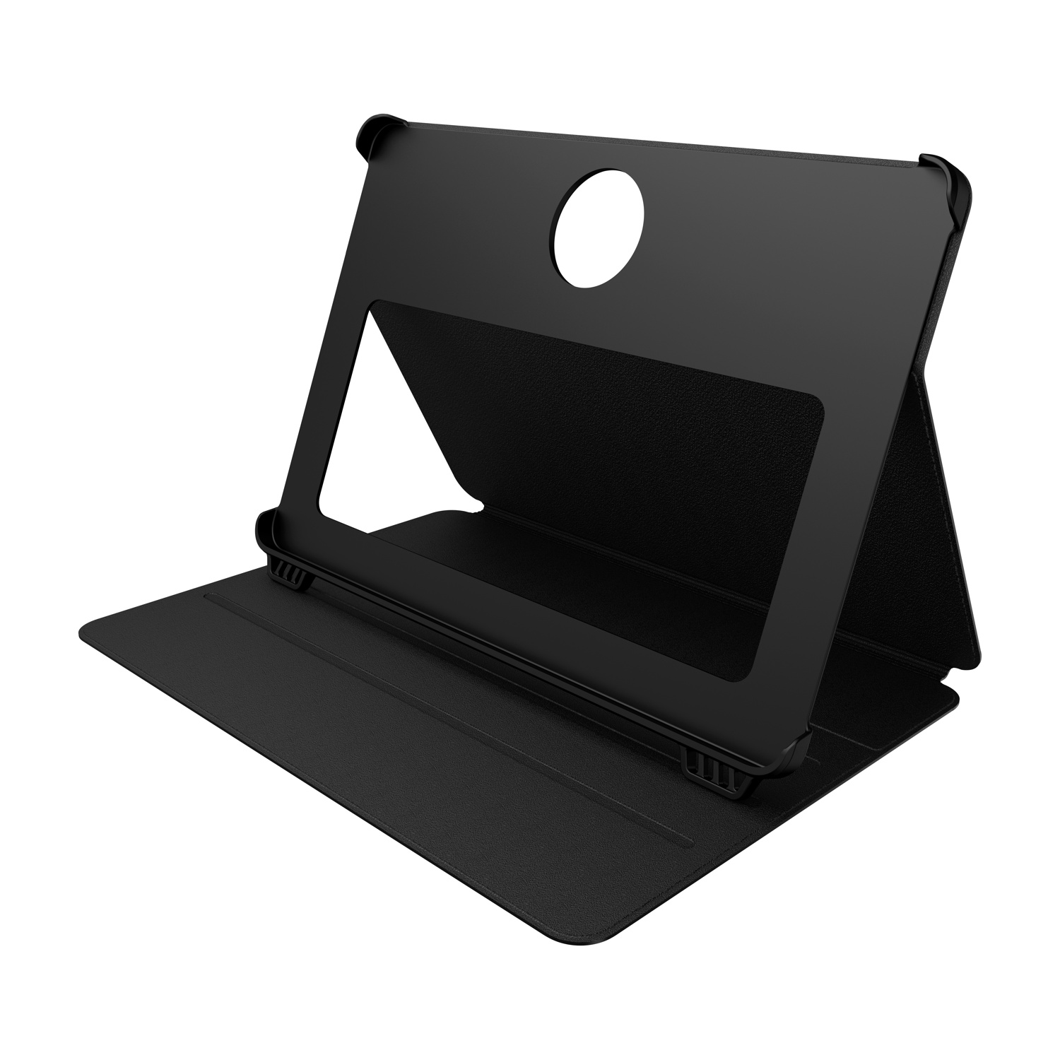 Custodia nera per tablet con funzione stand, su sfondo bianco.
