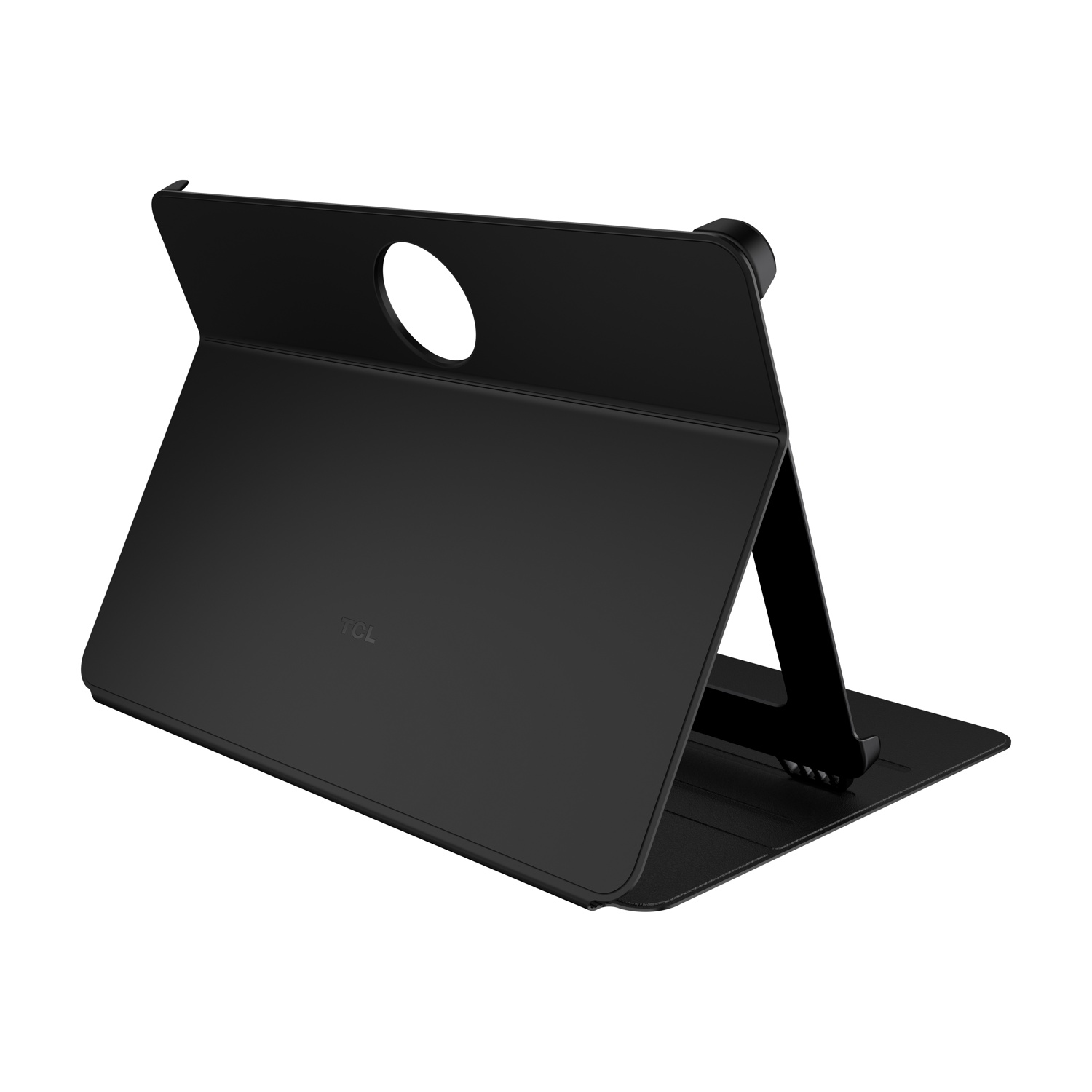 Custodia nera per tablet in modalità stand con ritaglio circolare in alto.