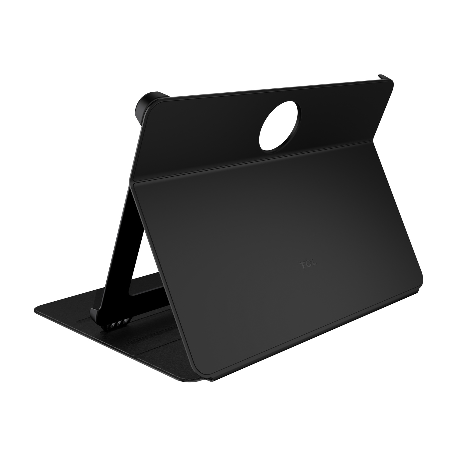 Una cover nera per tablet con supporto, posizionata su sfondo bianco.