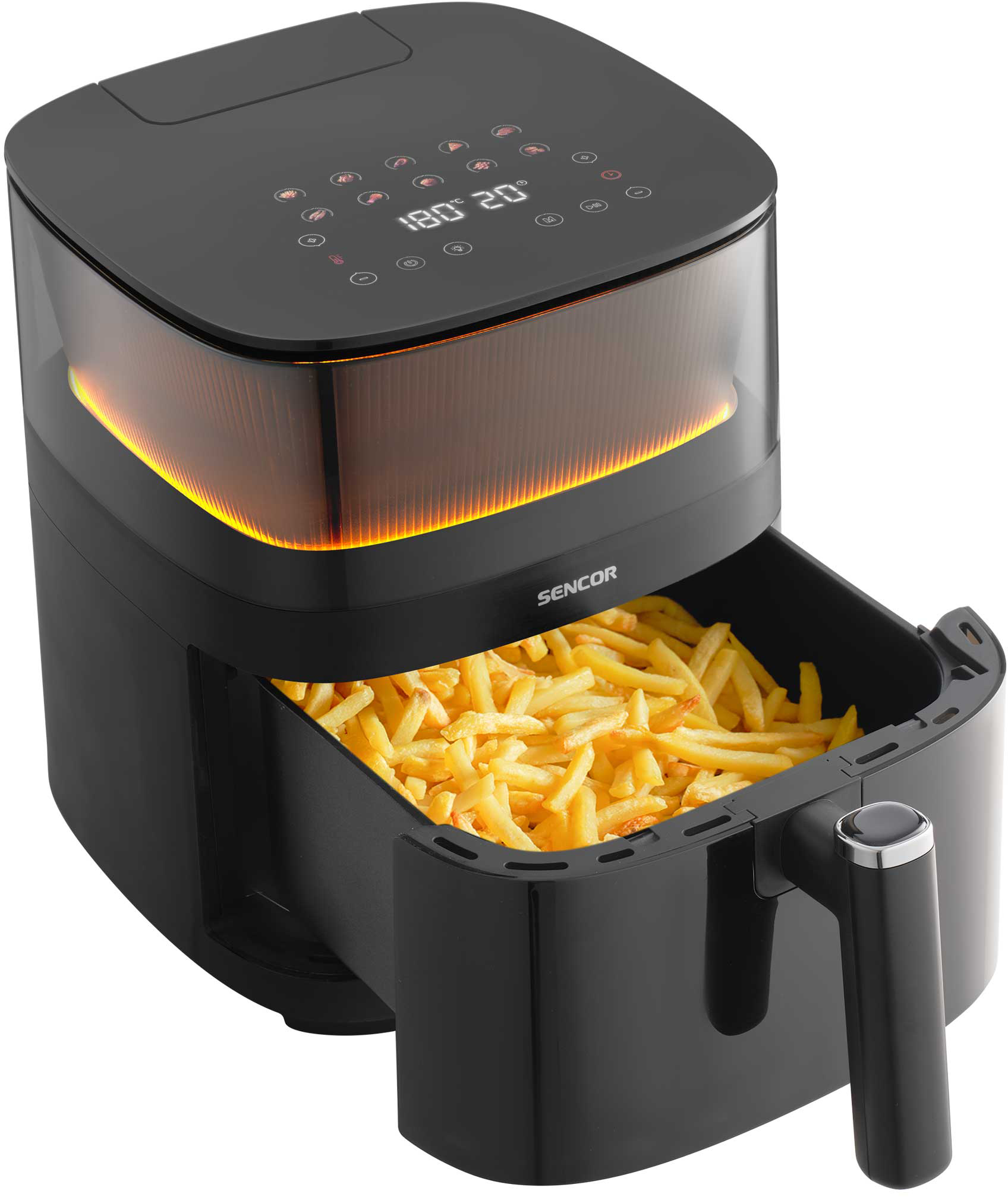 Fekete légkeveréses fritőz kosár sült krumplival, digitális kijelző a tetején.