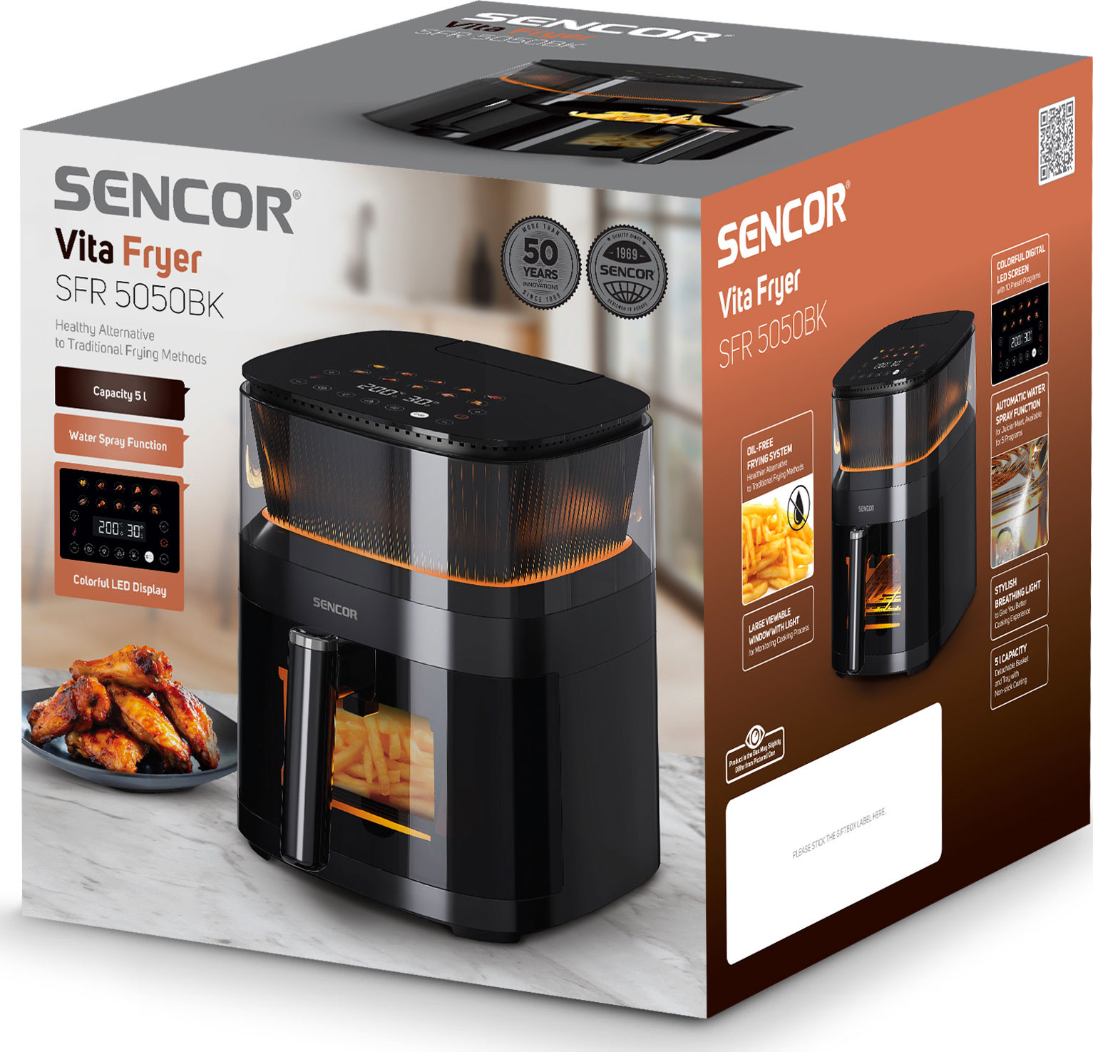 SENCOR Vita Fryer csomagolása csirkeszárnyakkal és sült krumplival.