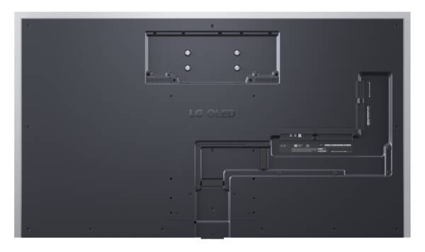 Rückseite eines schwarzen LG OLED-Fernsehers mit Anschlüssen und Montagepunkten.