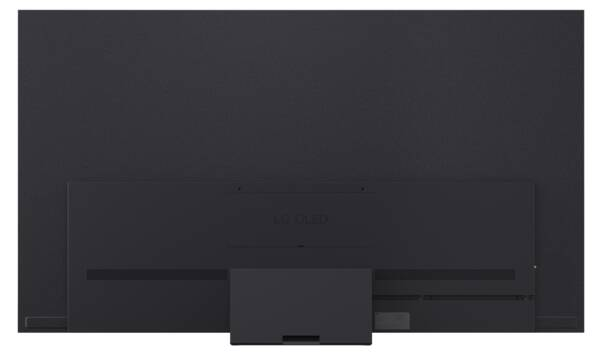 Rückseite eines dunklen LG OLED Fernsehers mit Standfuß.