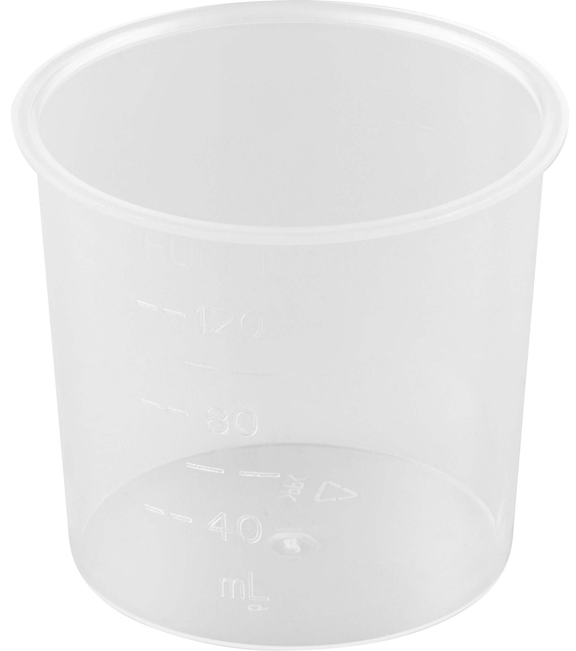 Átlátszó mérőpohár 40, 80 és 120 ml jelölésekkel.