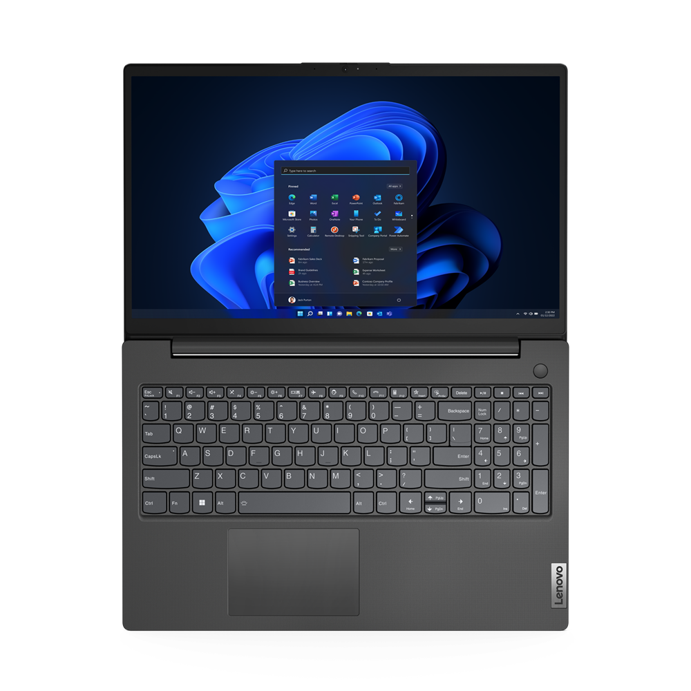 Geöffneter dunkelgrauer Lenovo Laptop mit Windows 11 Startmenü auf dem Bildschirm.