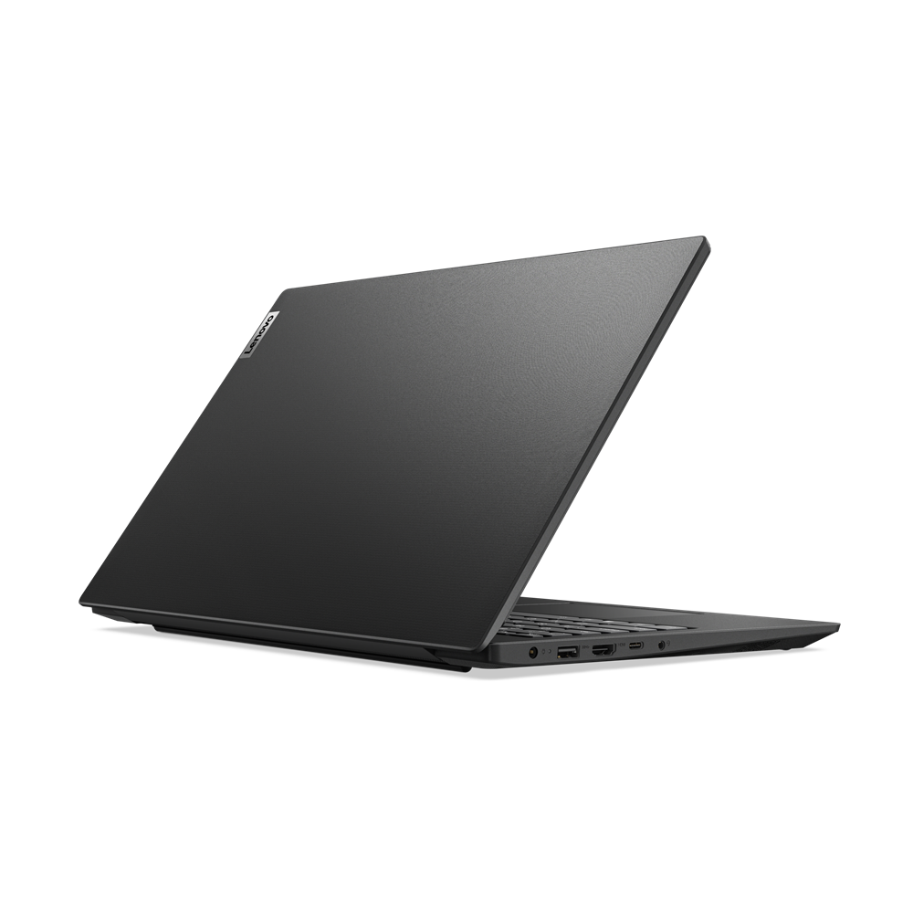 Ein geschlossener, dunkler Lenovo Laptop mit geöffnetem Bildschirm auf schwarzem Hintergrund.