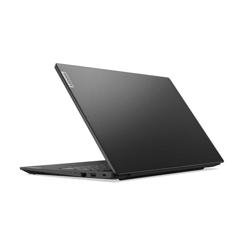 Schwarzer Lenovo Laptop, von der Seite gesehen, offen.