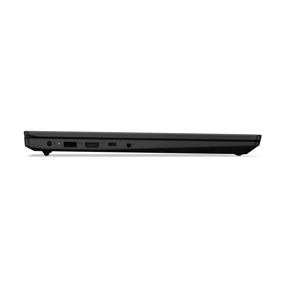 Seite eines schwarzen Laptops mit Anschlüssen: Strom, USB, HDMI, Kopfhörer.