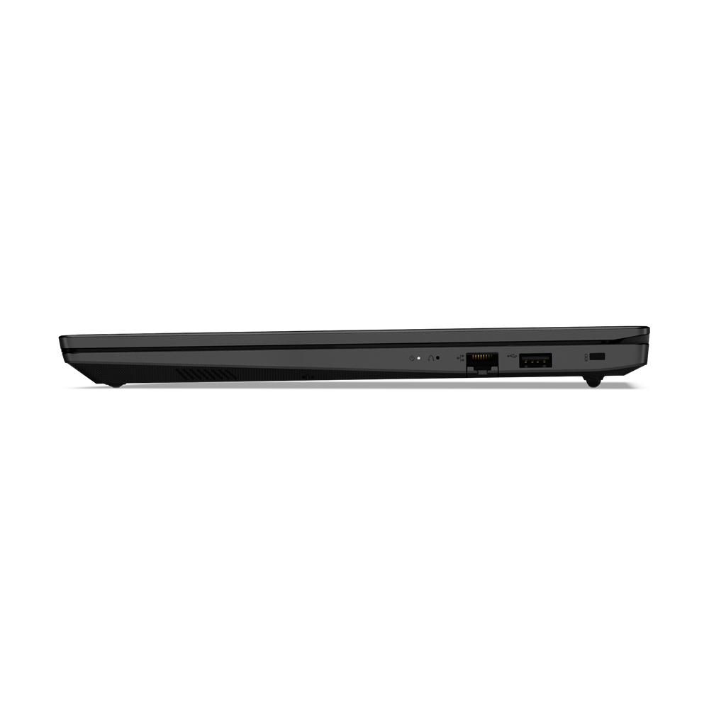 Seitenansicht eines schwarzen Laptops mit Anschlüssen: USB, Ethernet und Audio.