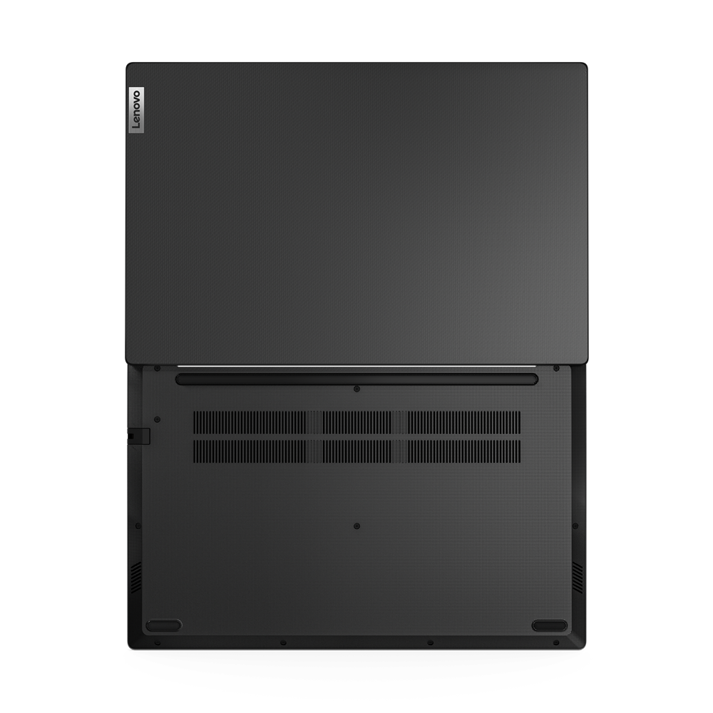 Unterseite eines geschlossenen schwarzen Lenovo Laptops mit Lüftungsschlitzen.