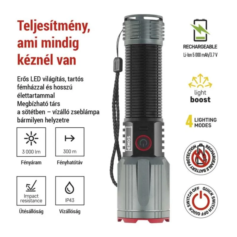 Szürke és fekete zseblámpa piros díszítéssel, 3000 lumen, 300m hatótáv.