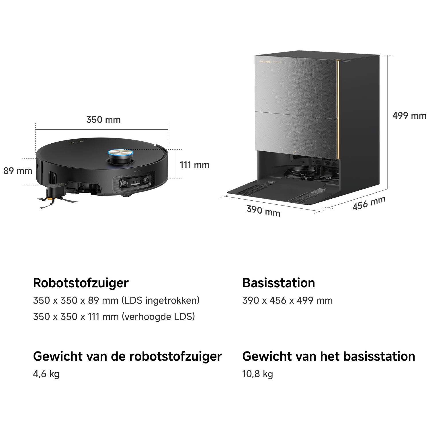 A black robot vacuum and a gray charging station with dimensions.