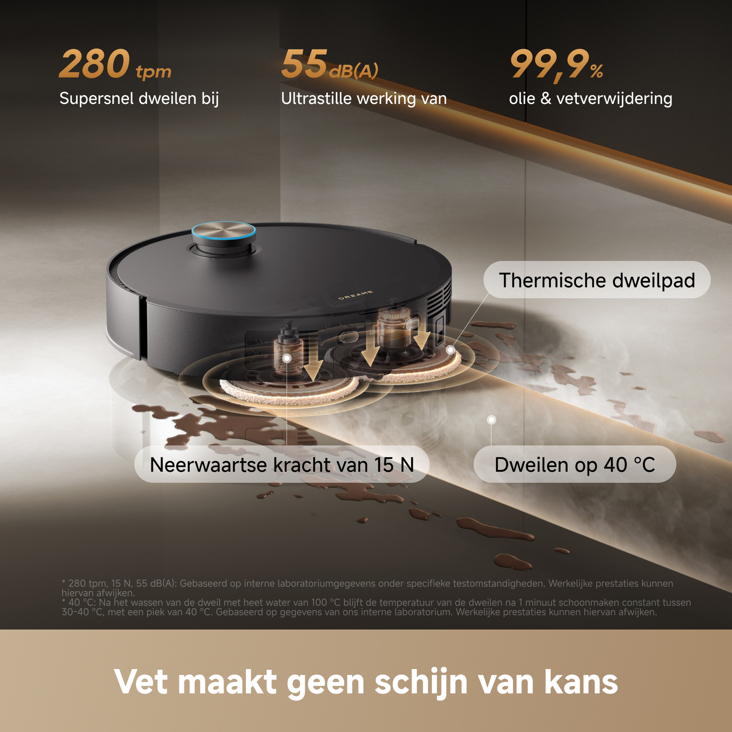 A robot vacuum with mopping function cleans up spilled liquid on the floor.