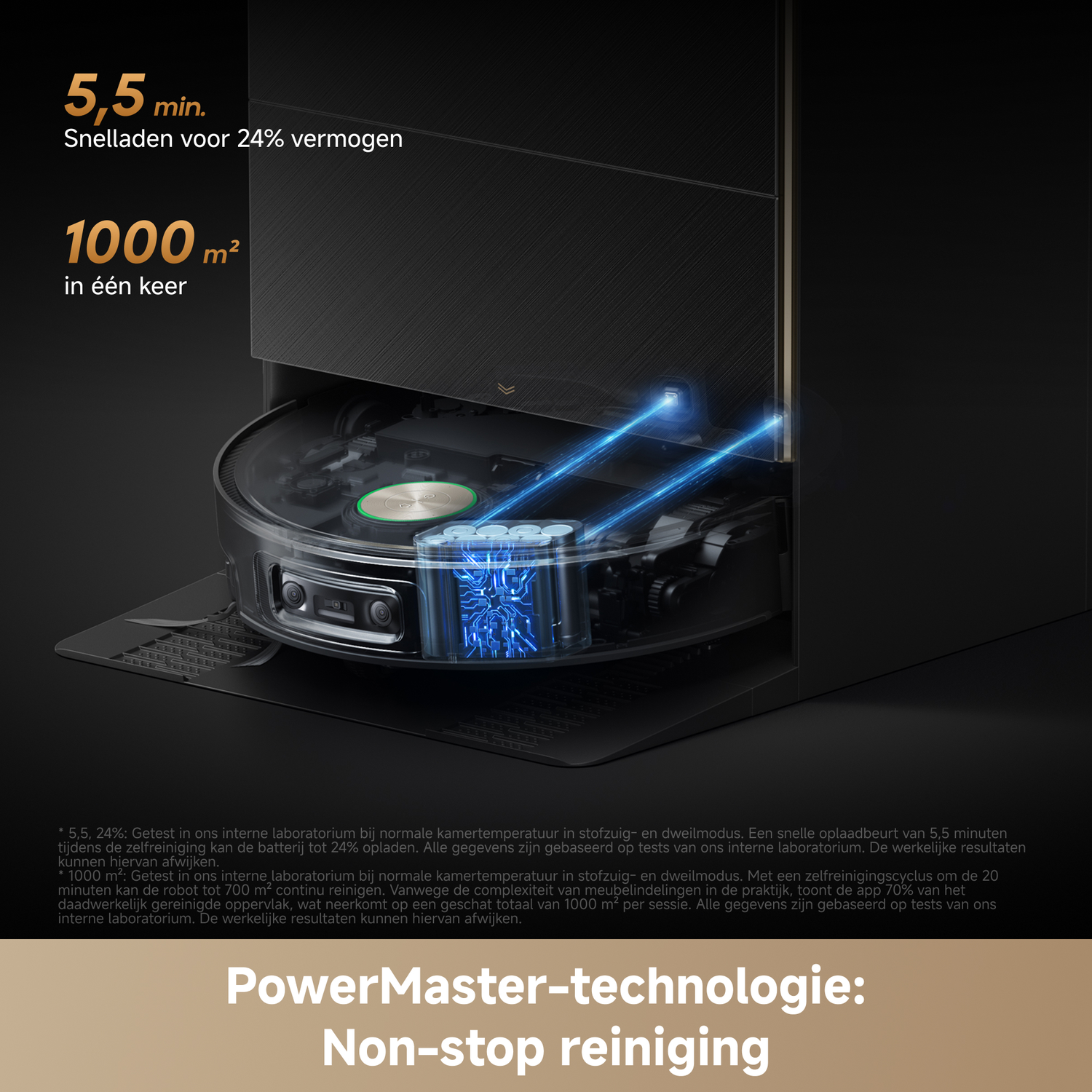 A robot vacuum quickly charges, cleans 1000m², and features PowerMaster technology.