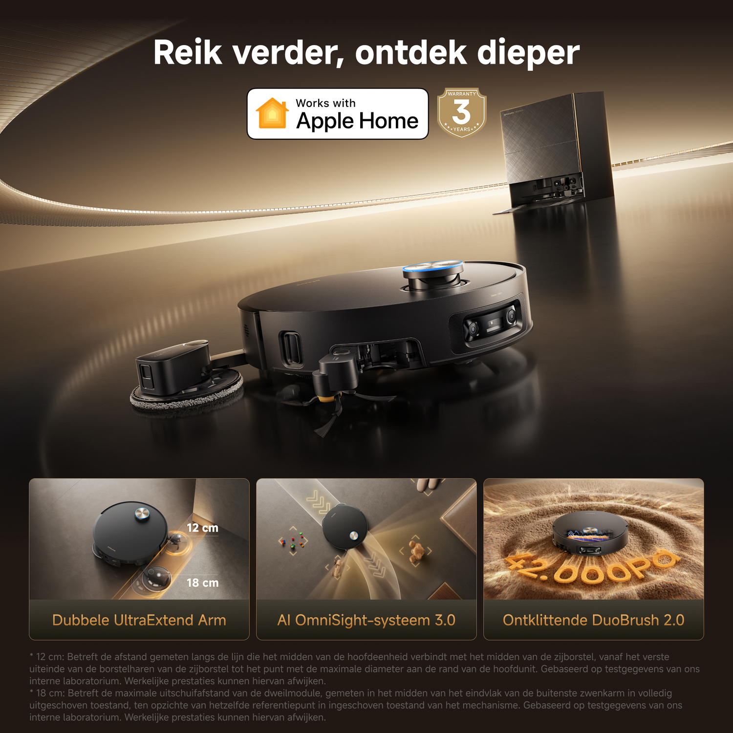 A robot vacuum with three displays: arm, AI system, and DuoBrush.