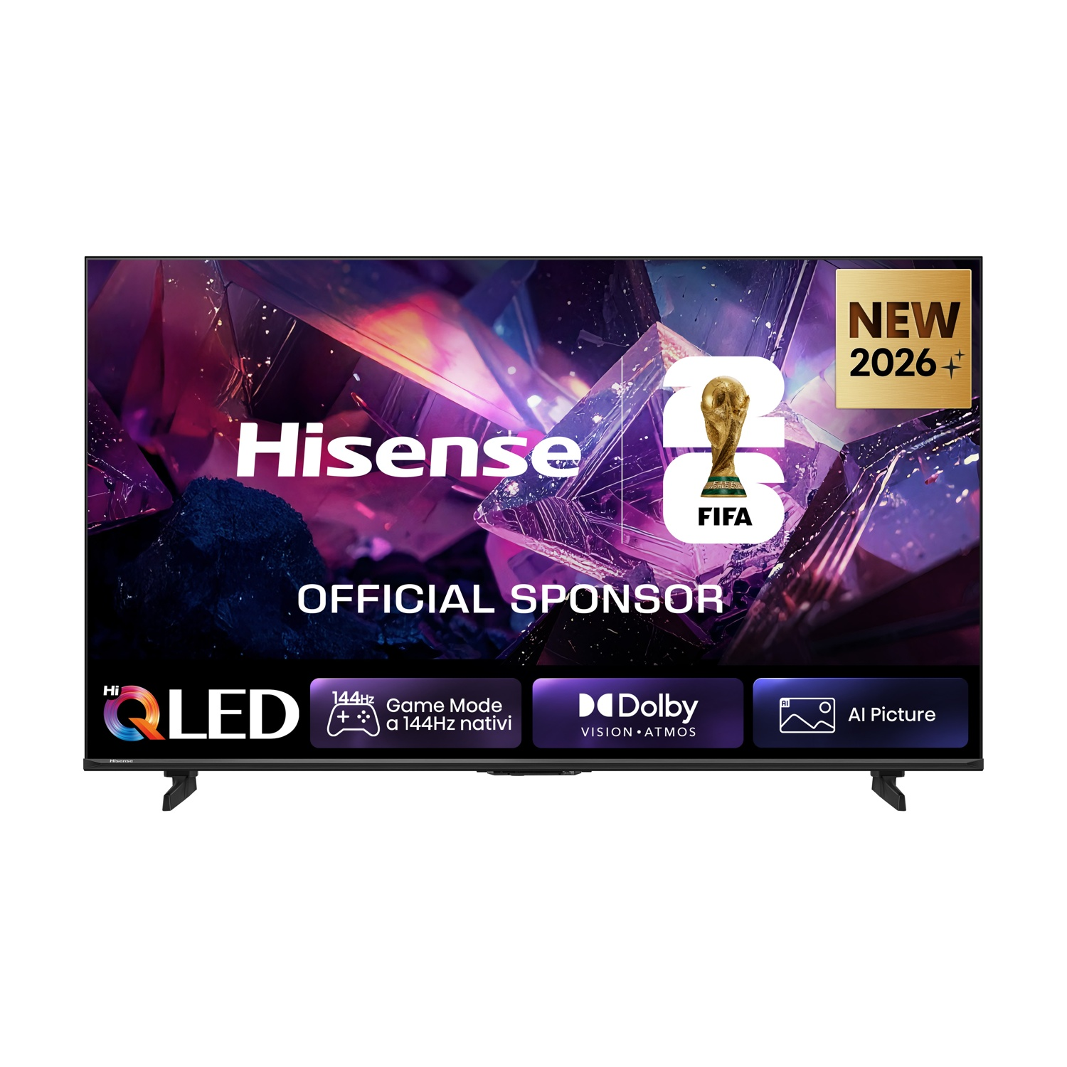 TV Hisense QLED, sponsor ufficiale FIFA, con Game Mode 144Hz, Dolby Vision e AI Picture.