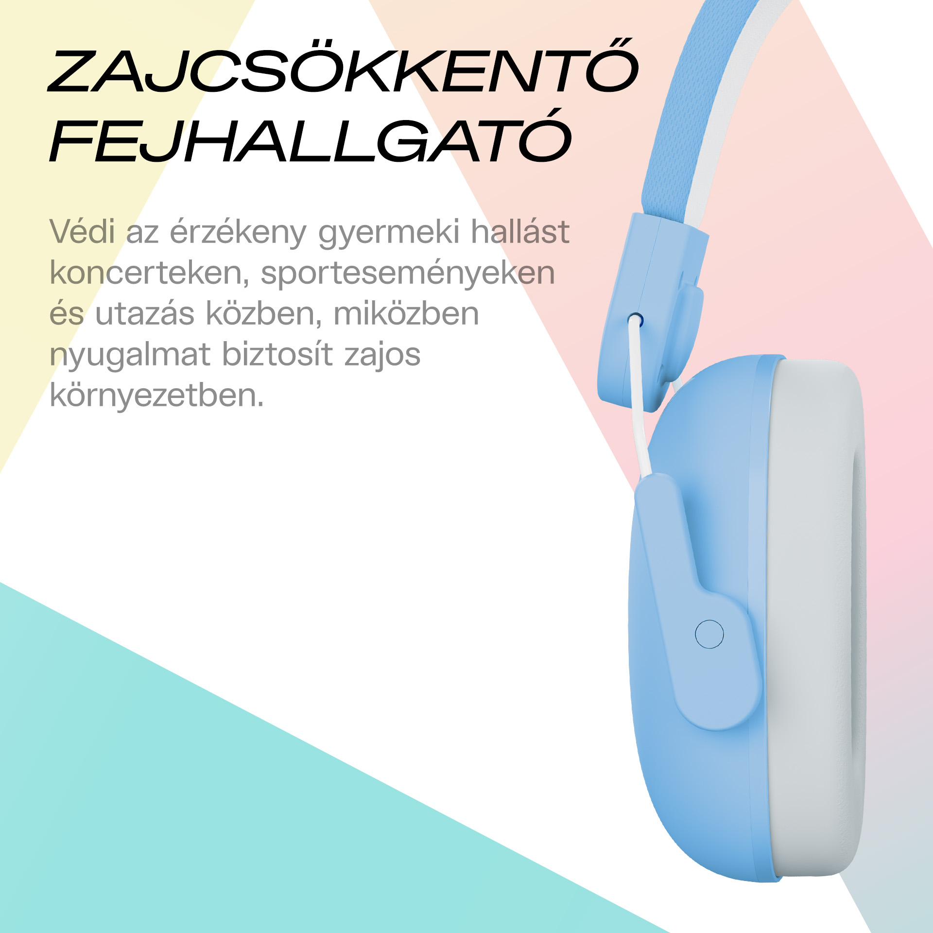 Világoskék fejhallgató fehér párnázással, geometrikus háttérrel.