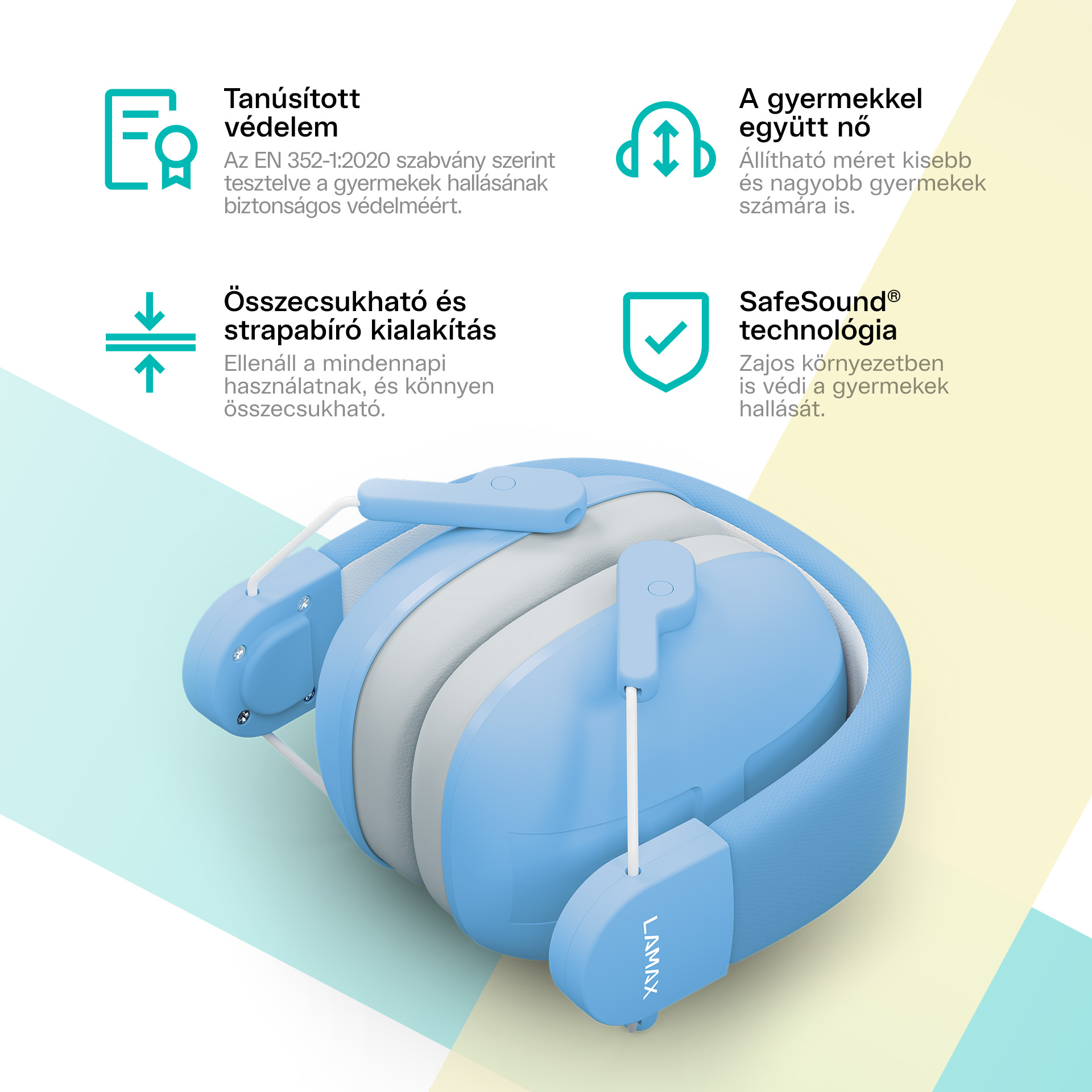 Kék gyermek fejhallgató: tanúsított, állítható, összecsukható, SafeSound technológiával.