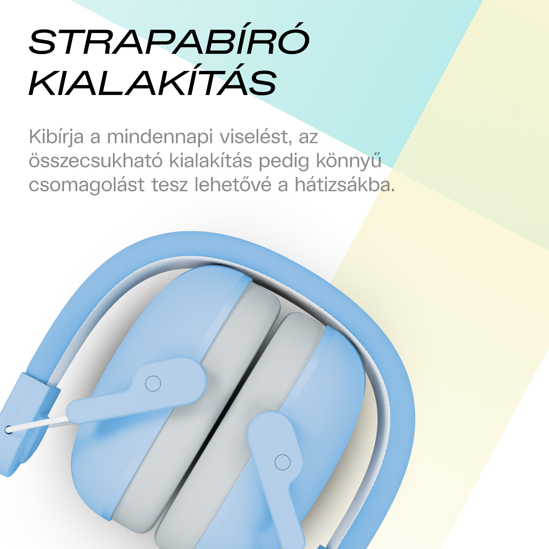 Világoskék, állítható fejpántos fejhallgató, közelkép.