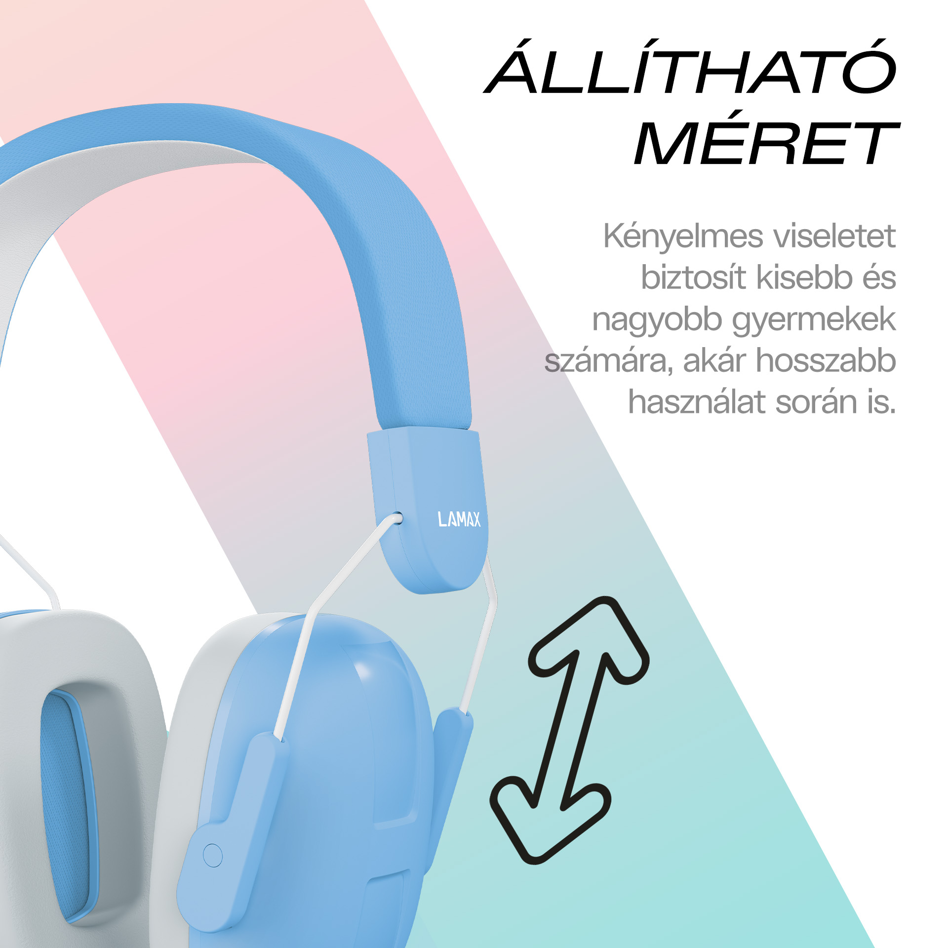 Világoskék fejhallgató fehér pánttal és fülpárnákkal. Állítható méret.