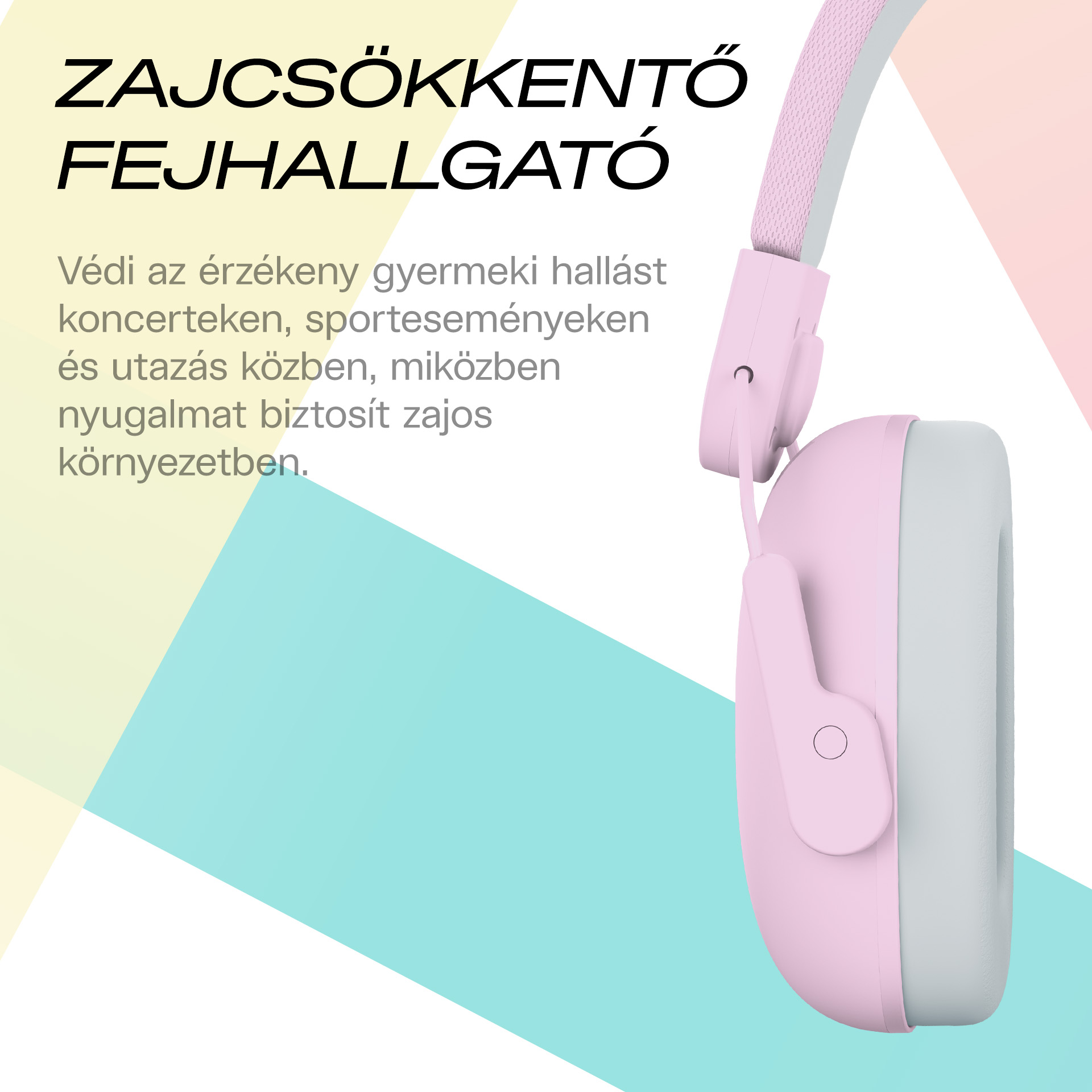 Egy rózsaszín, fehér párnás fejhallgató színes háttéren.