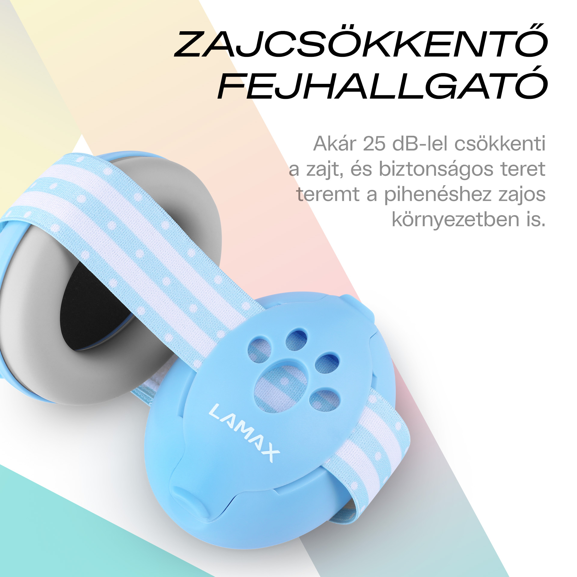 Kék Lamax fejhallgató fehér-kék csíkos pánttal, csökkenti a zajt.