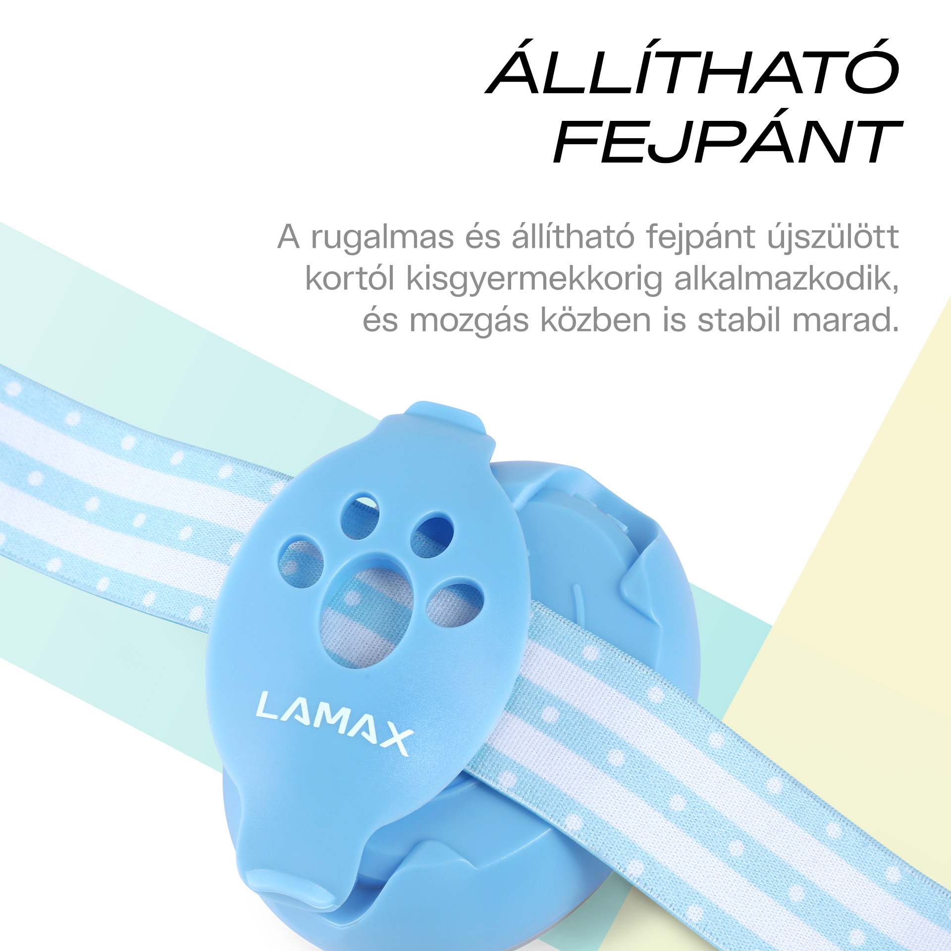 Kék fejpánt fehér-kék csíkos és pöttyös szalaggal. LAMAX logó.