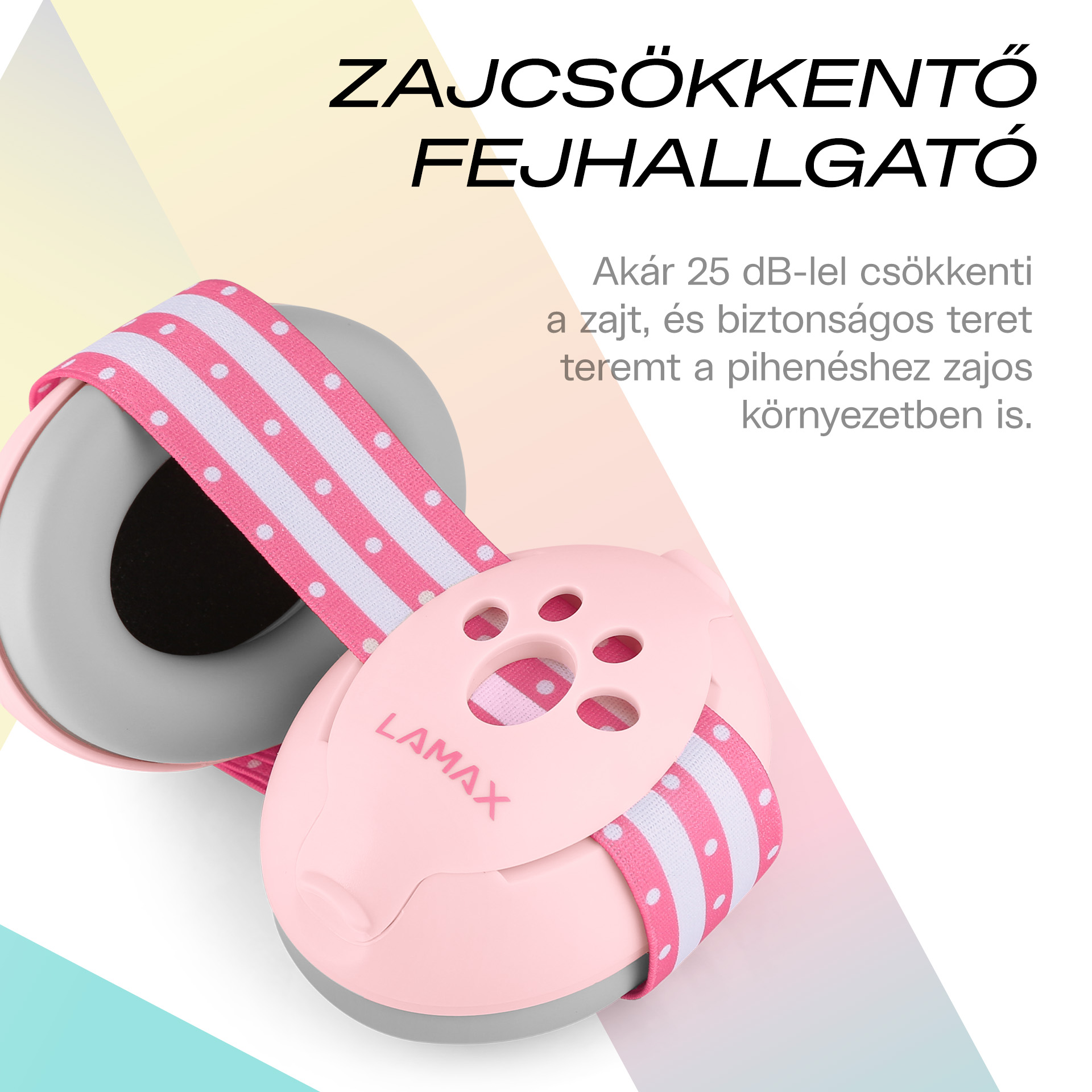 Egy rózsaszín LAMAX fejhallgató fehér-rózsaszín csíkos, pöttyös pánttal.