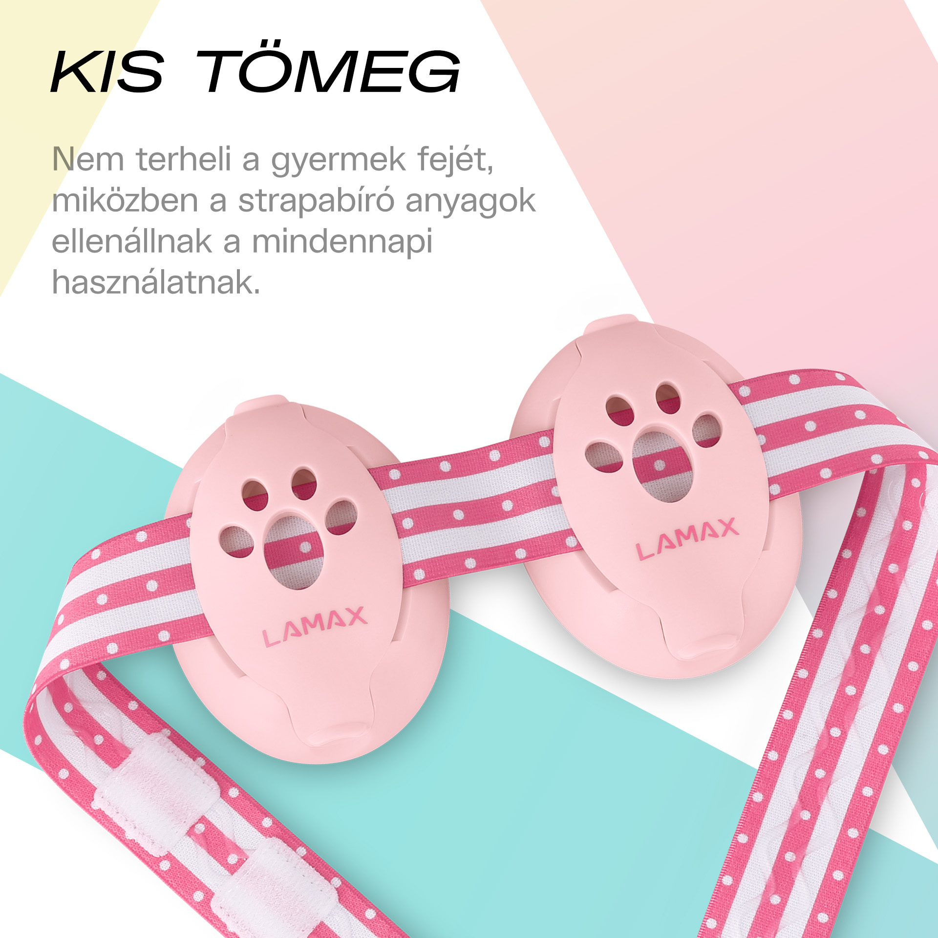 Két rózsaszín fülvédő mancsnyom mintás kivágással és csíkos, pöttyös pánttal.