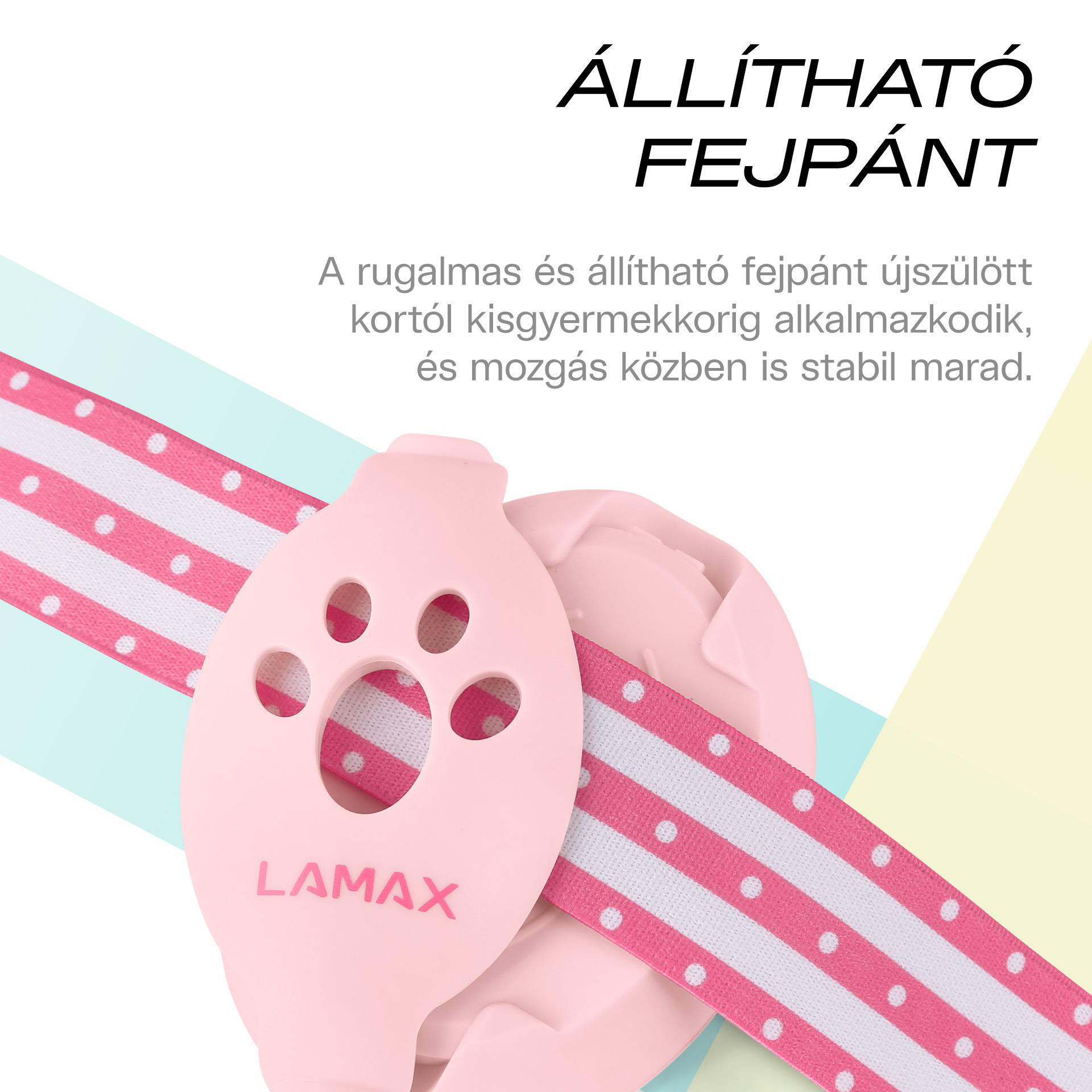 Egy rózsaszín Lamax fejpánt mancsnyomattal és csíkos szalaggal.