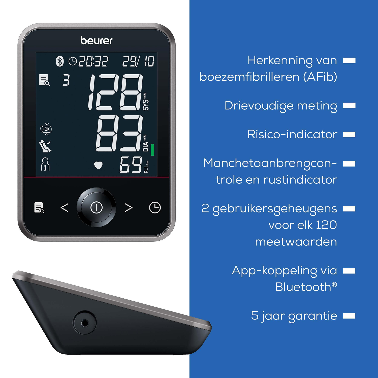 Beurer bloeddrukmeter met digitaal display en functies zoals AFib-detectie.