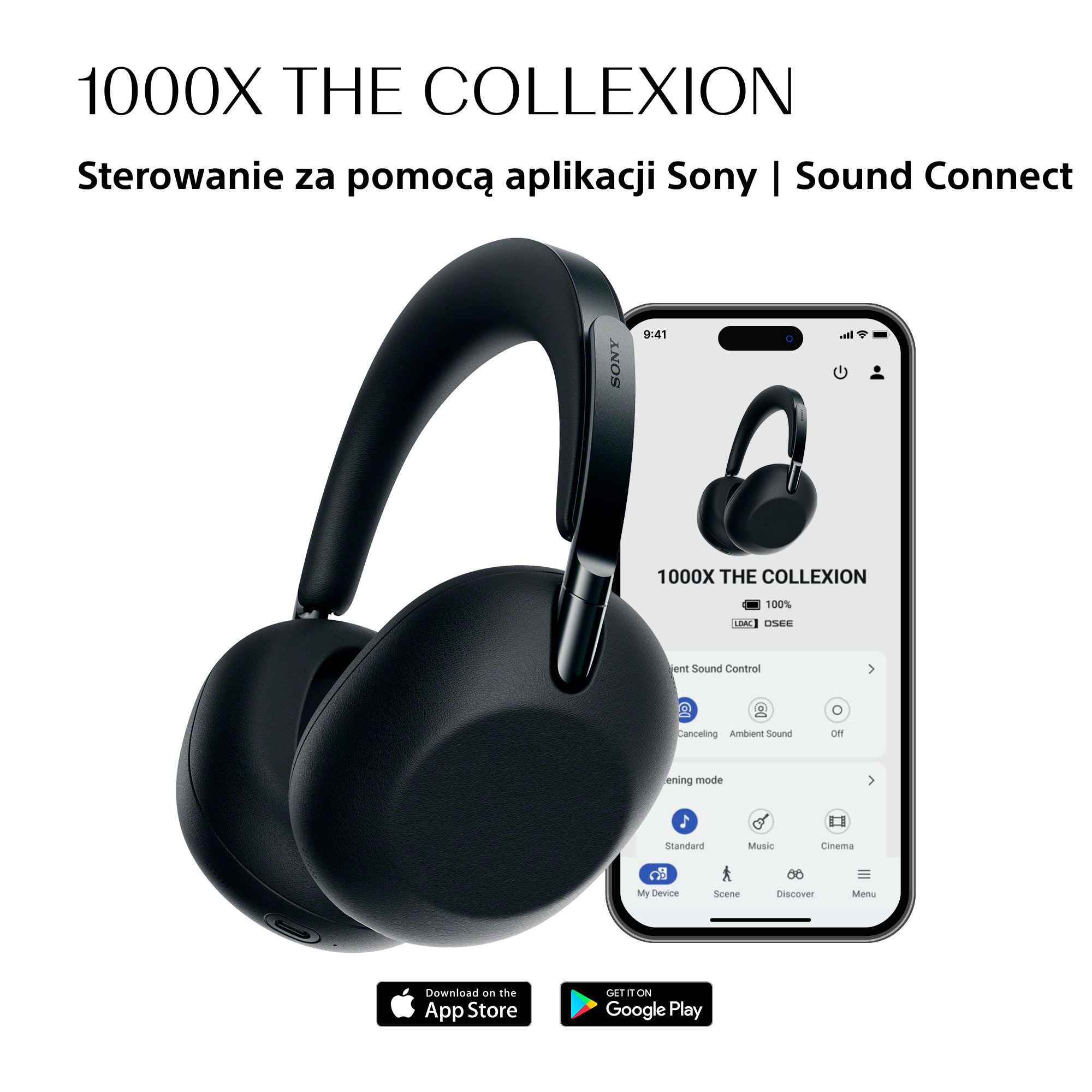 Czarne słuchawki Sony i smartfon z aplikacją Sony.