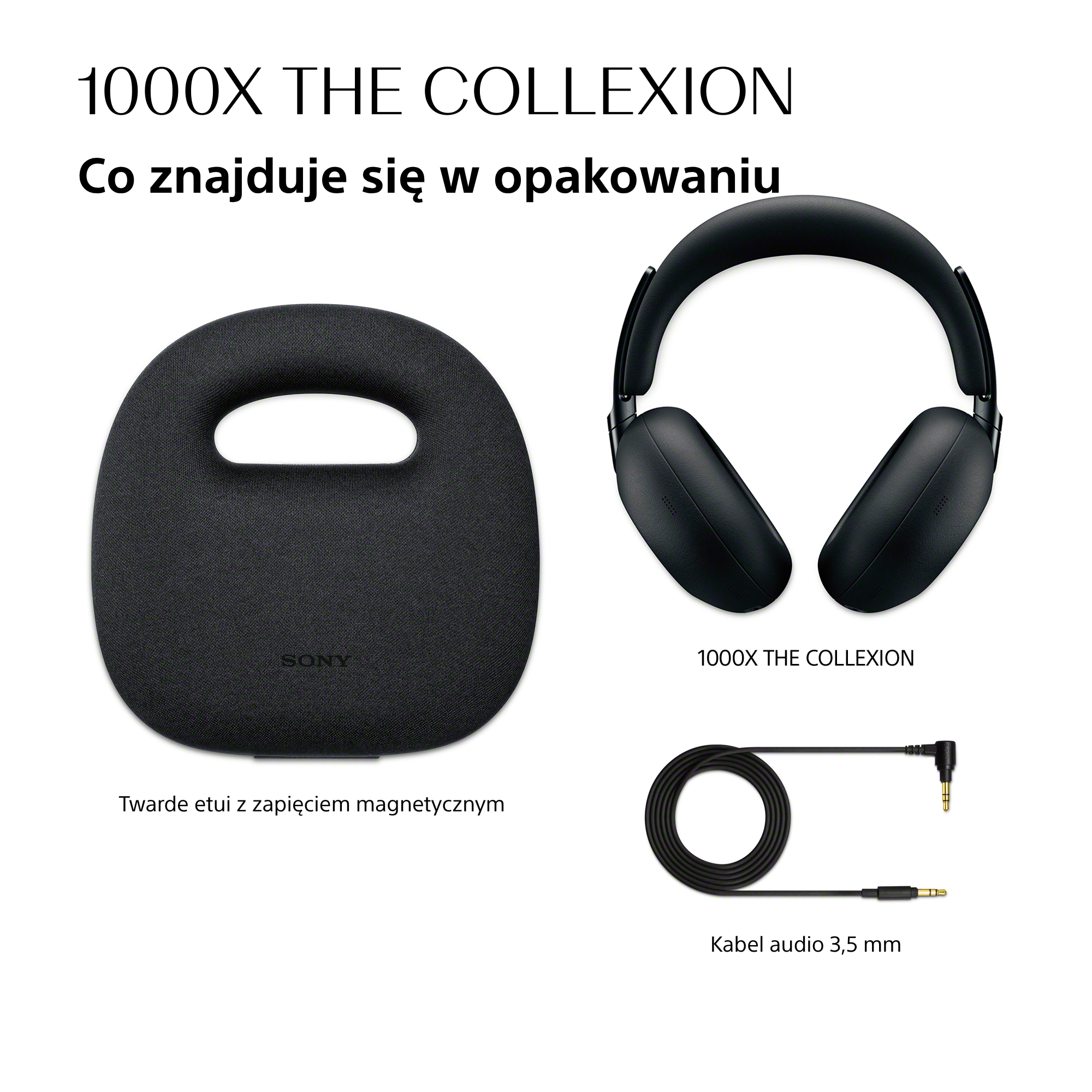 Czarne słuchawki, twarde etui i kabel audio na białym tle.