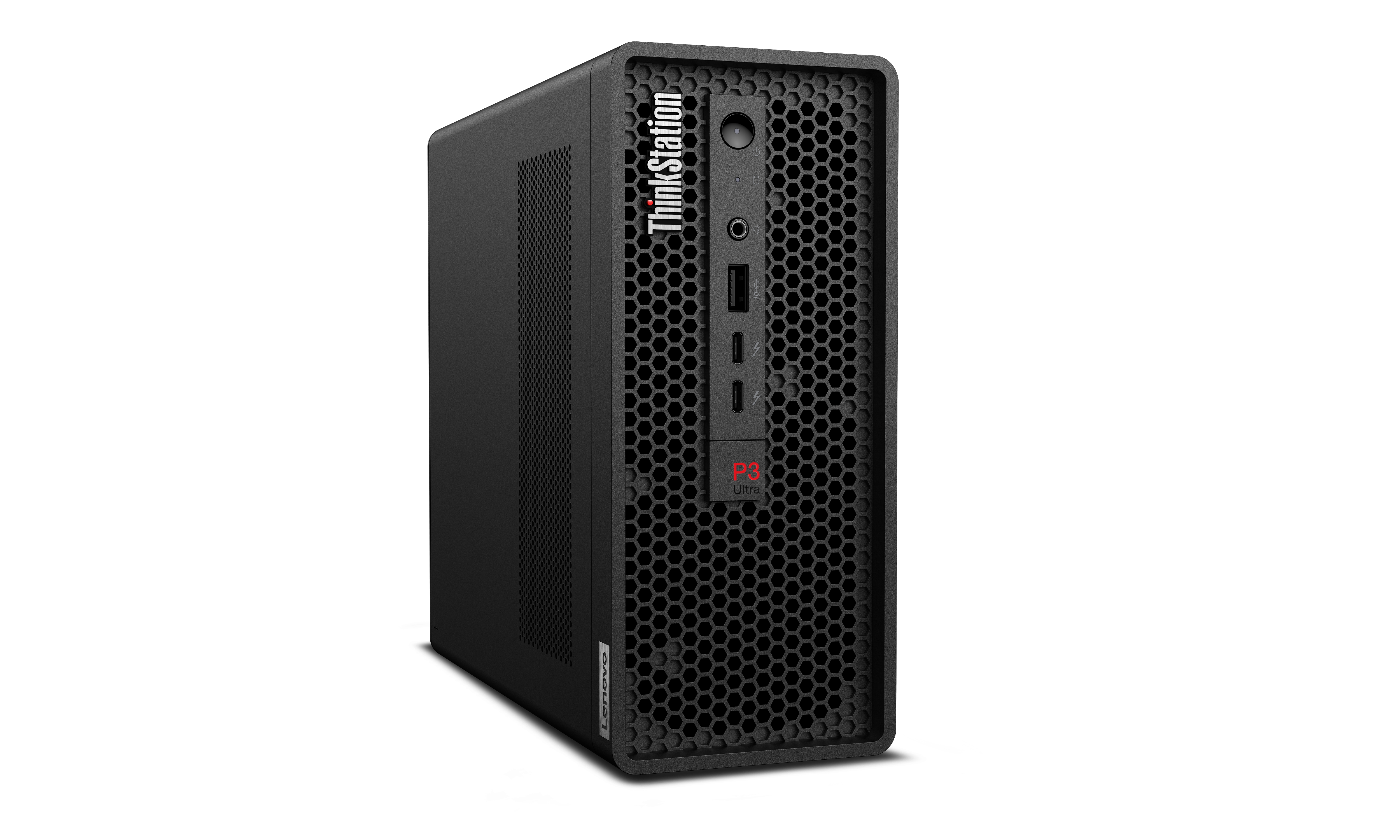 Schwarzer Lenovo ThinkStation P3 Ultra PC mit Wabenmuster-Front und Anschlüssen.