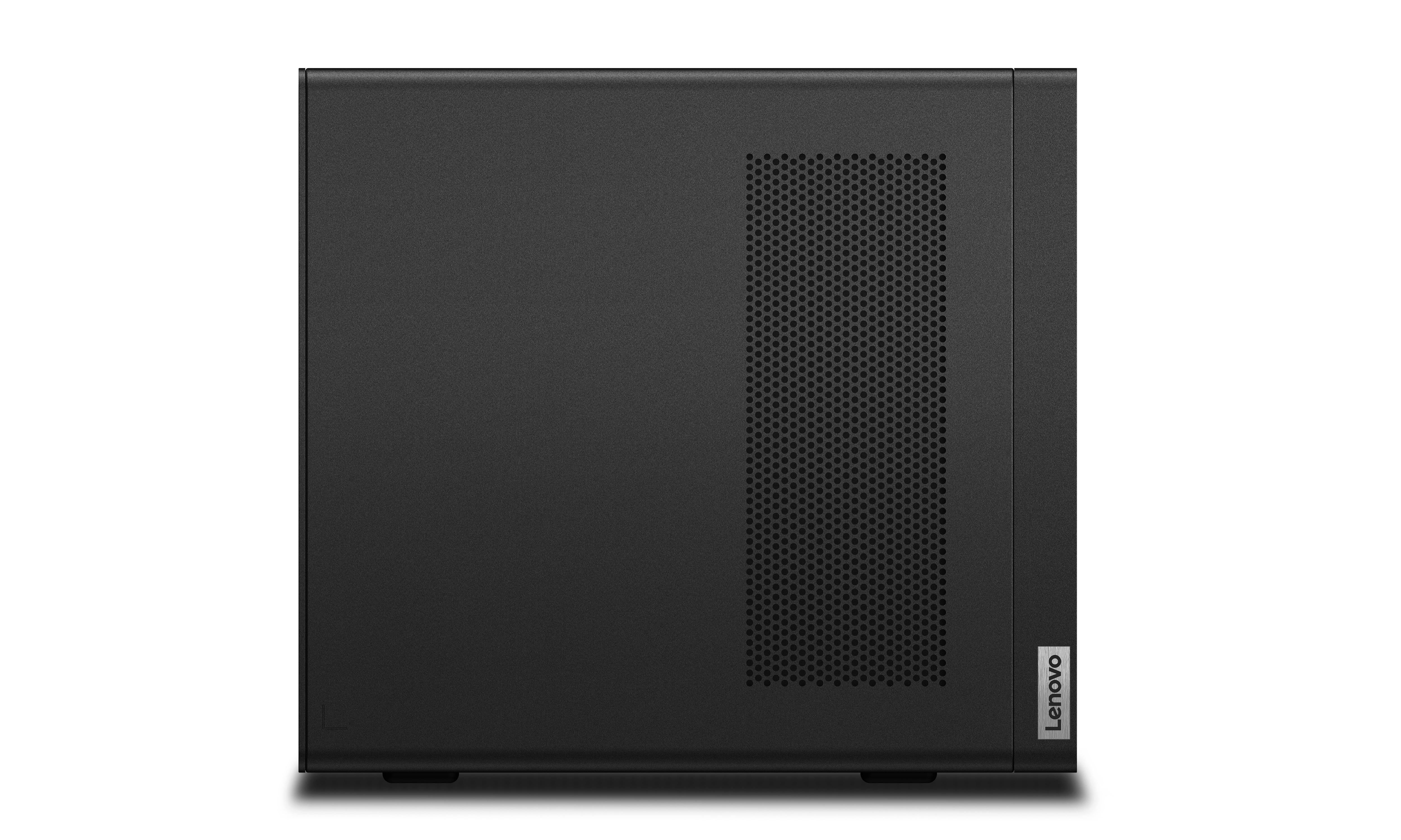 Ein schwarzes Lenovo Desktop-Gehäuse mit Lüftungsgitter und Logo.