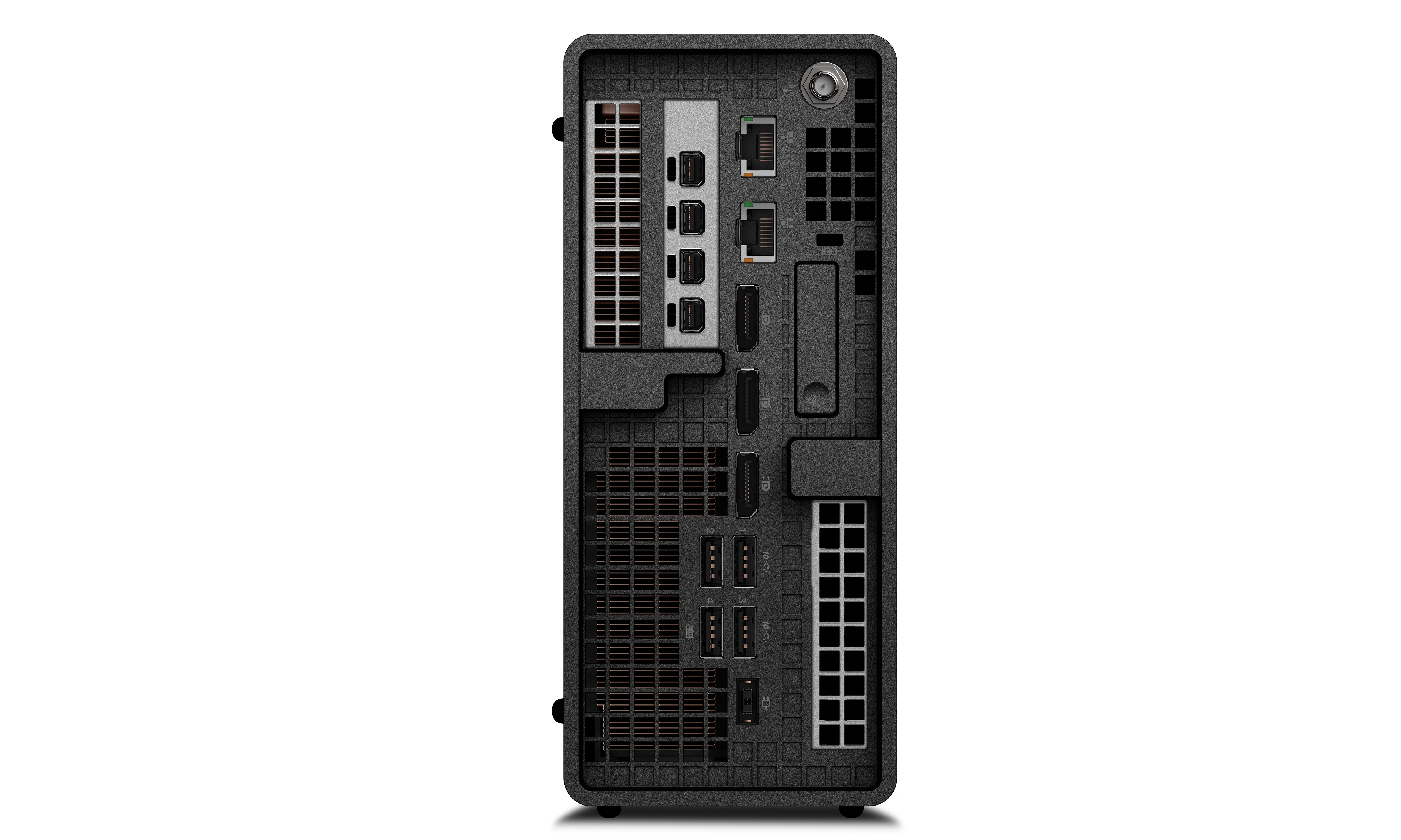 Rückseite eines schwarzen Computers mit Anschlüssen: USB, HDMI, Ethernet und Antenne.