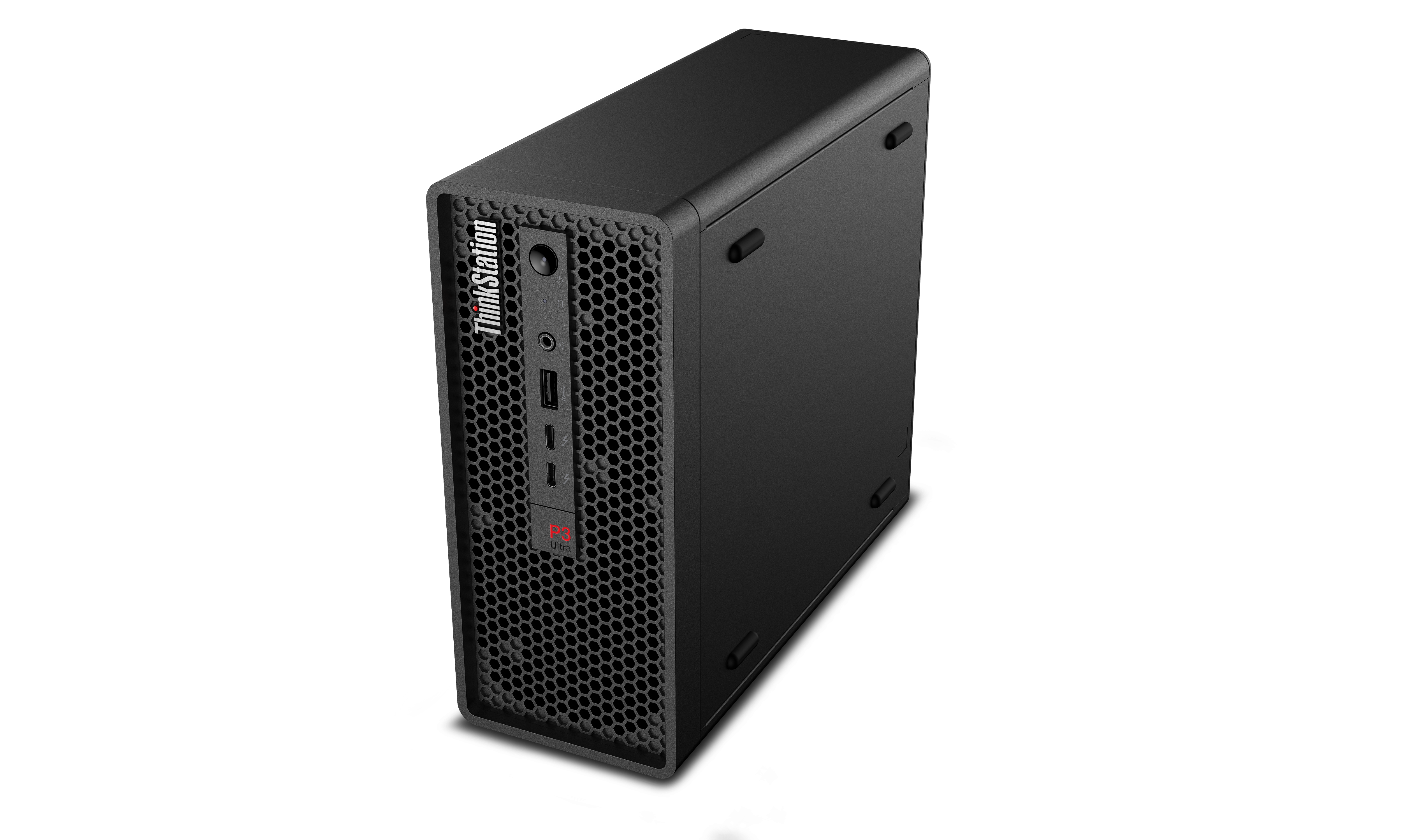 Schwarzer Desktop-PC mit Lüftungsgitter und Anschlüssen an der Vorderseite.