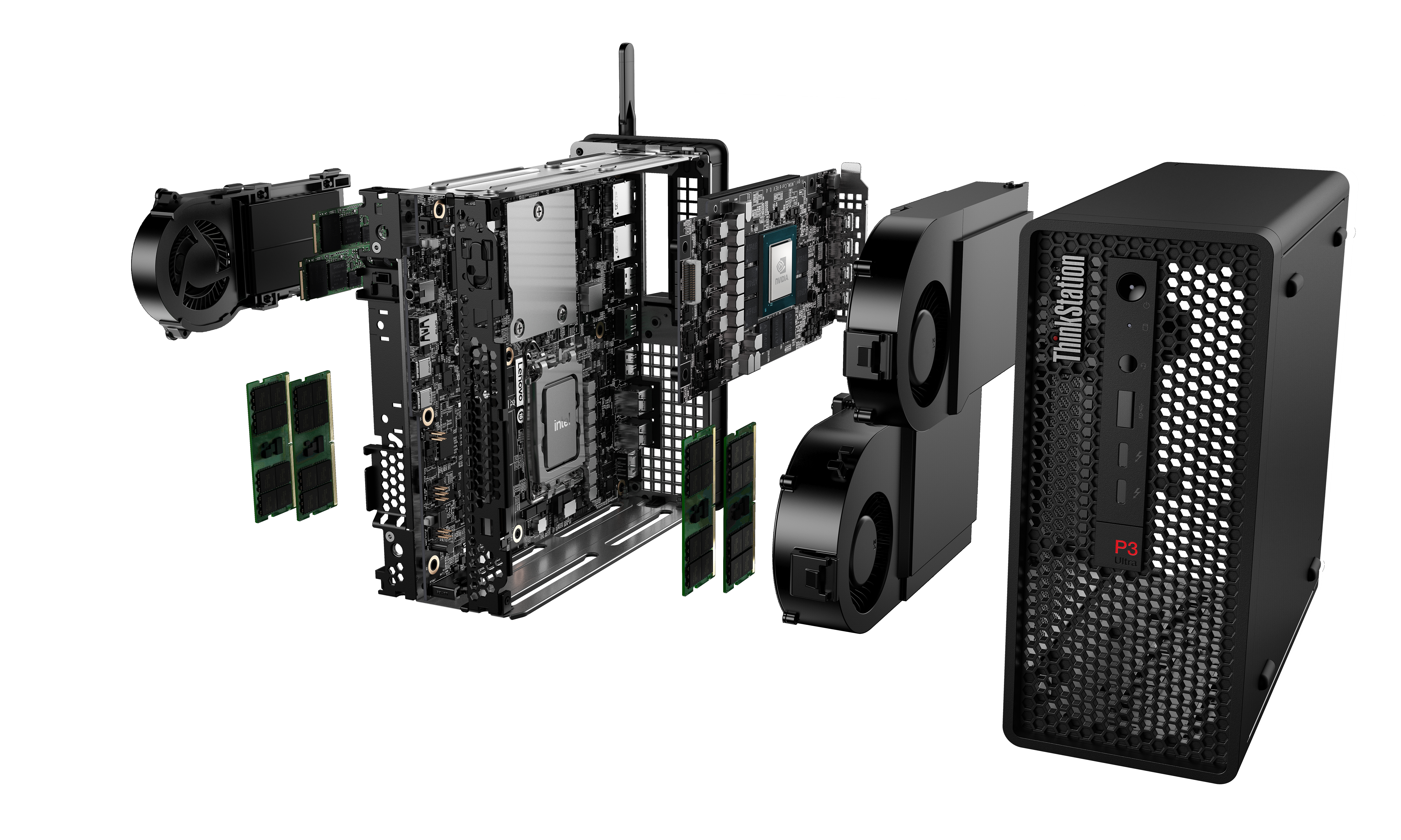Explodierte Ansicht eines schwarzen ThinkStation P3 Ultra PCs auf schwarzem Hintergrund.