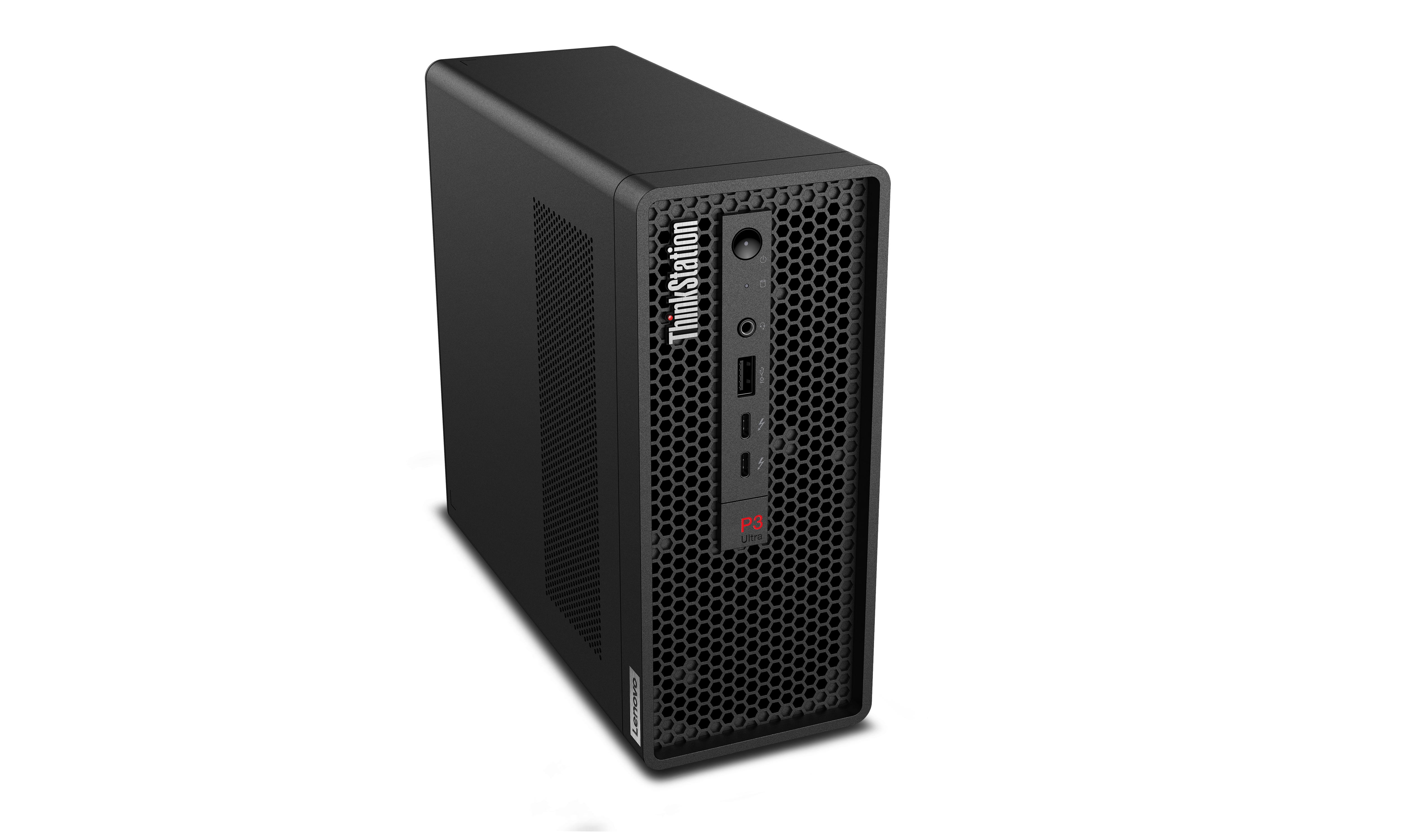 Schwarzer Lenovo ThinkStation P3 Ultra Desktop-PC mit Wabenmuster-Front.