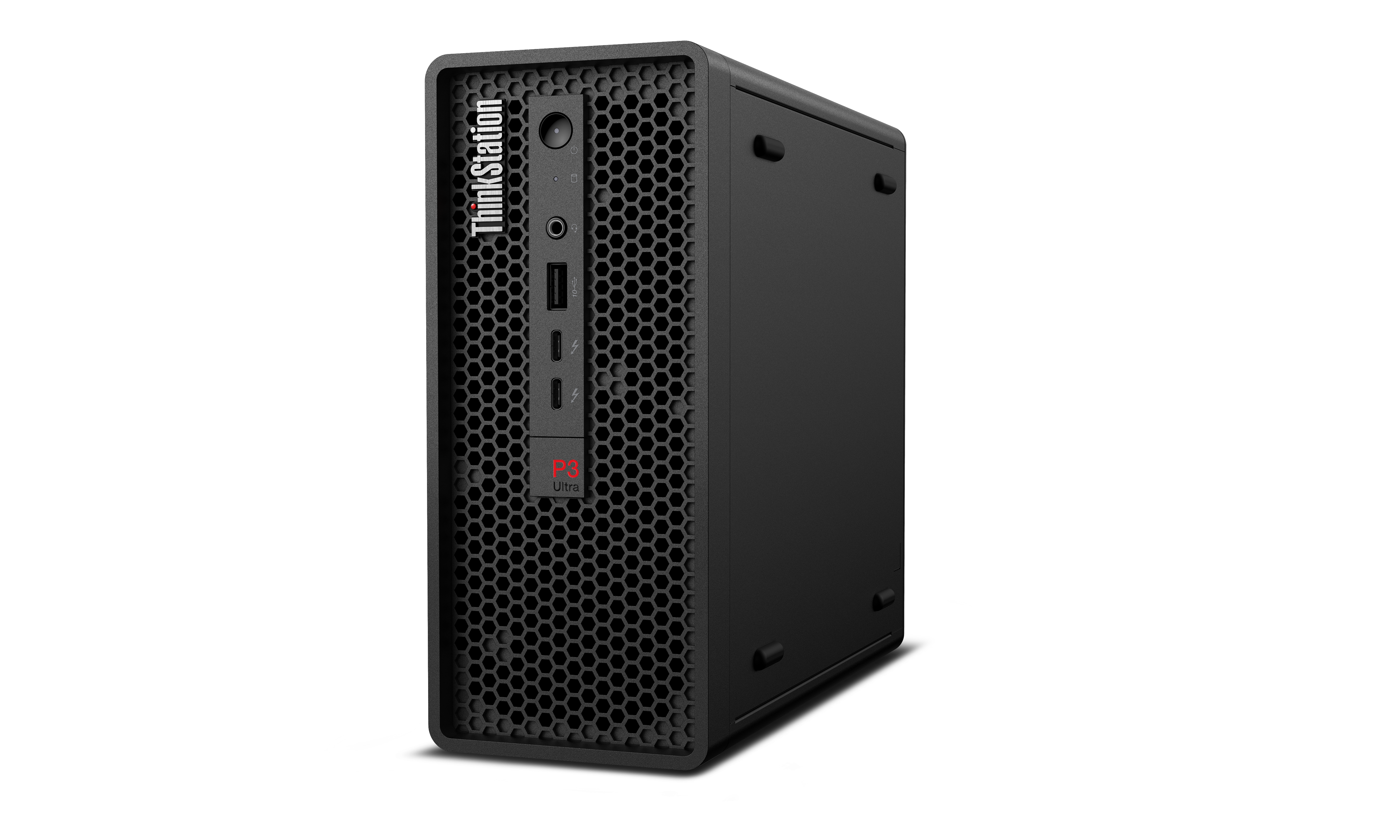 Ein schwarzer Lenovo ThinkStation P3 Ultra Computerturm wird vor schwarzem Hintergrund gezeigt.
