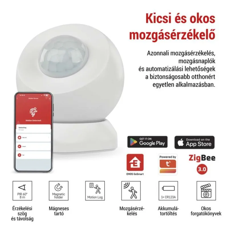 Fehér okos mozgásérzékelő app kijelzővel és funkció ikonokkal.