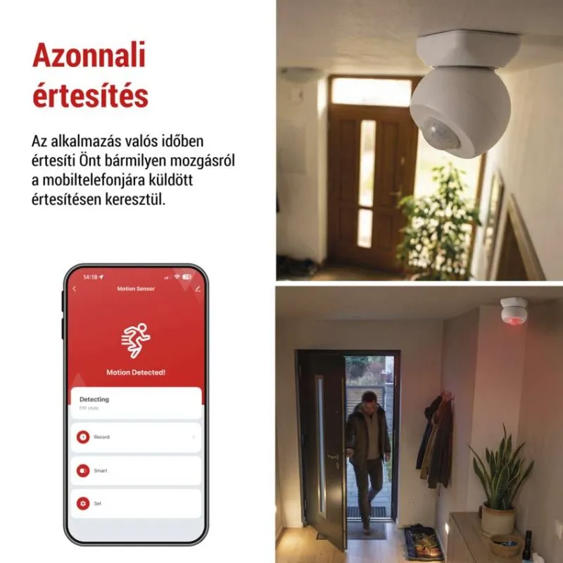 Egy okostelefon mozgásérzékelő alkalmazást mutat. Mellette mennyezeti mozgásérzékelő.