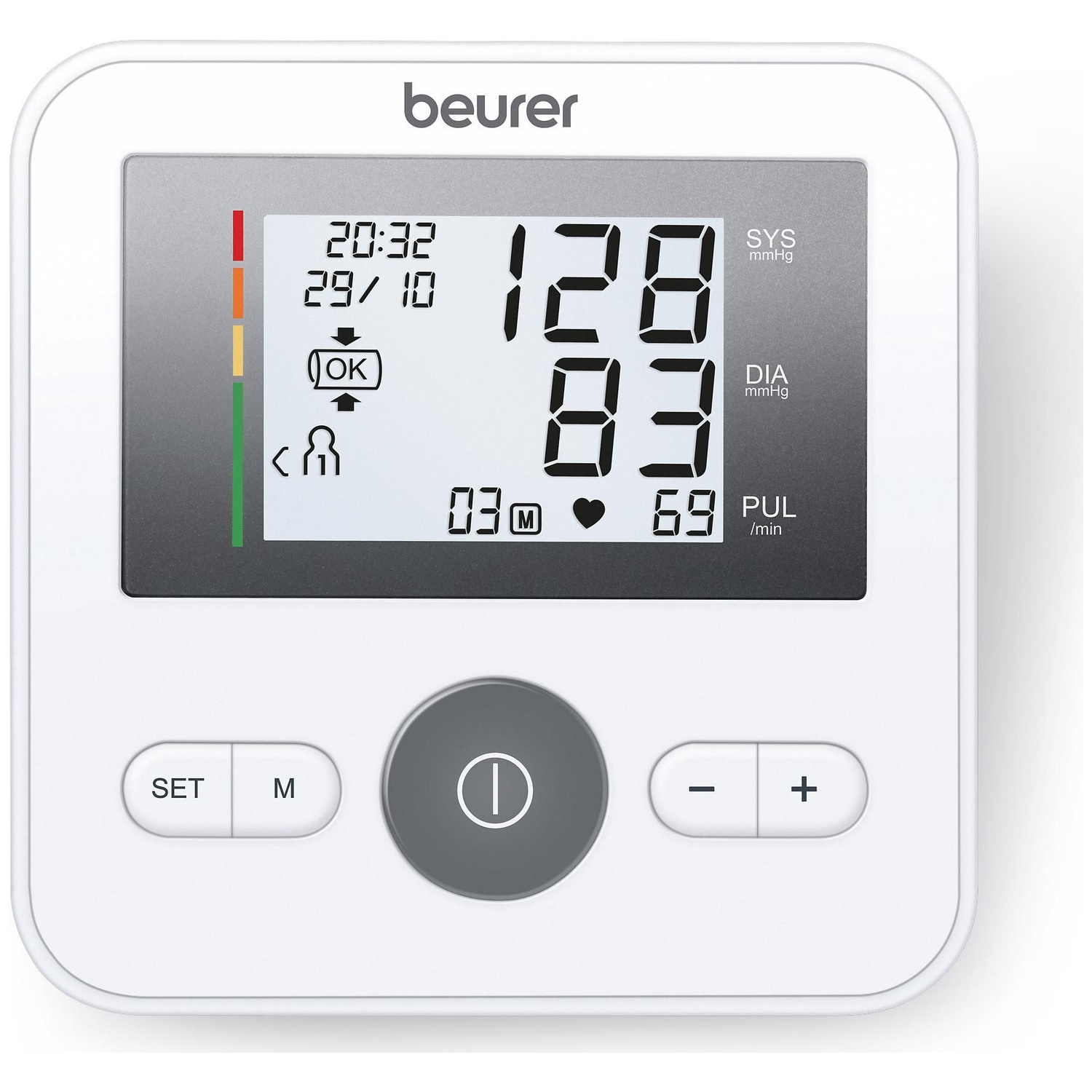 A white Beurer upper arm blood pressure monitor with LCD display and control buttons.