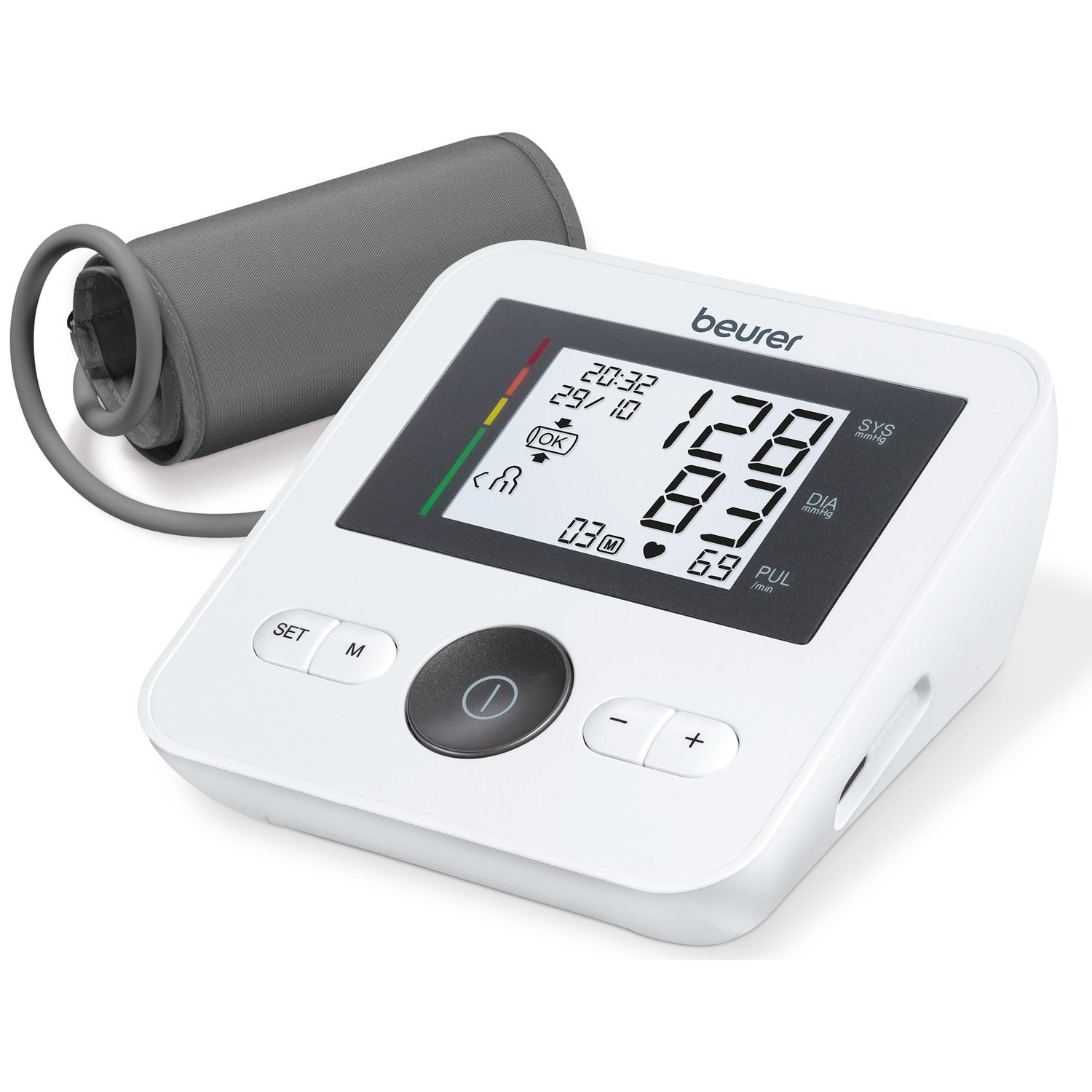 A white Beurer blood pressure monitor with cuff and digital display.