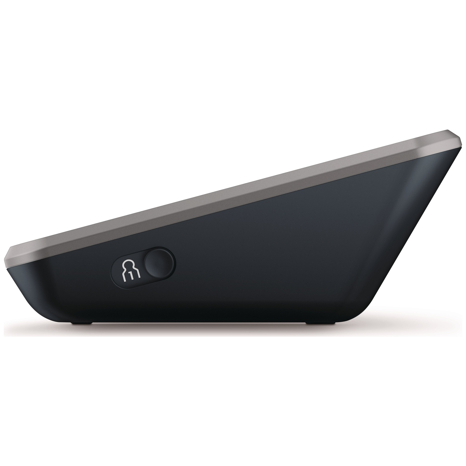 Dark gray device with silver trim, featuring a person and lock icon.