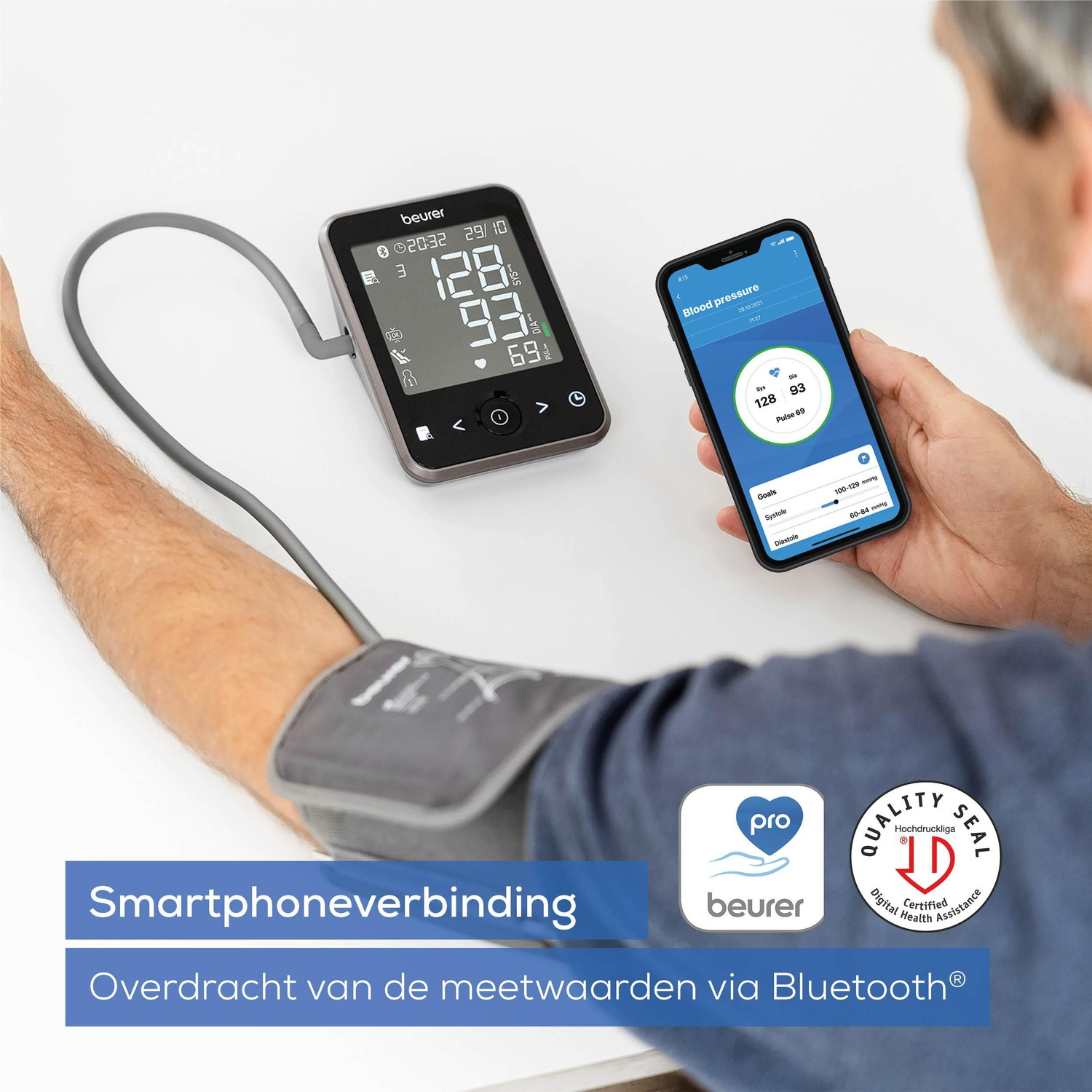 An arm is connected to a blood pressure monitor, next to it a smartphone with an app.