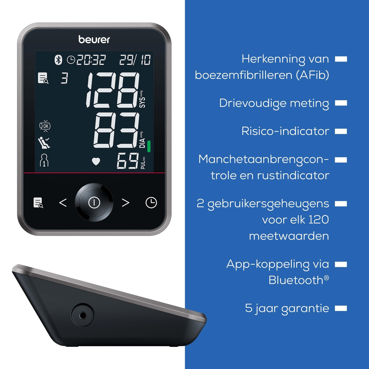 Beurer blood pressure monitor with display and side view. Shows readings.